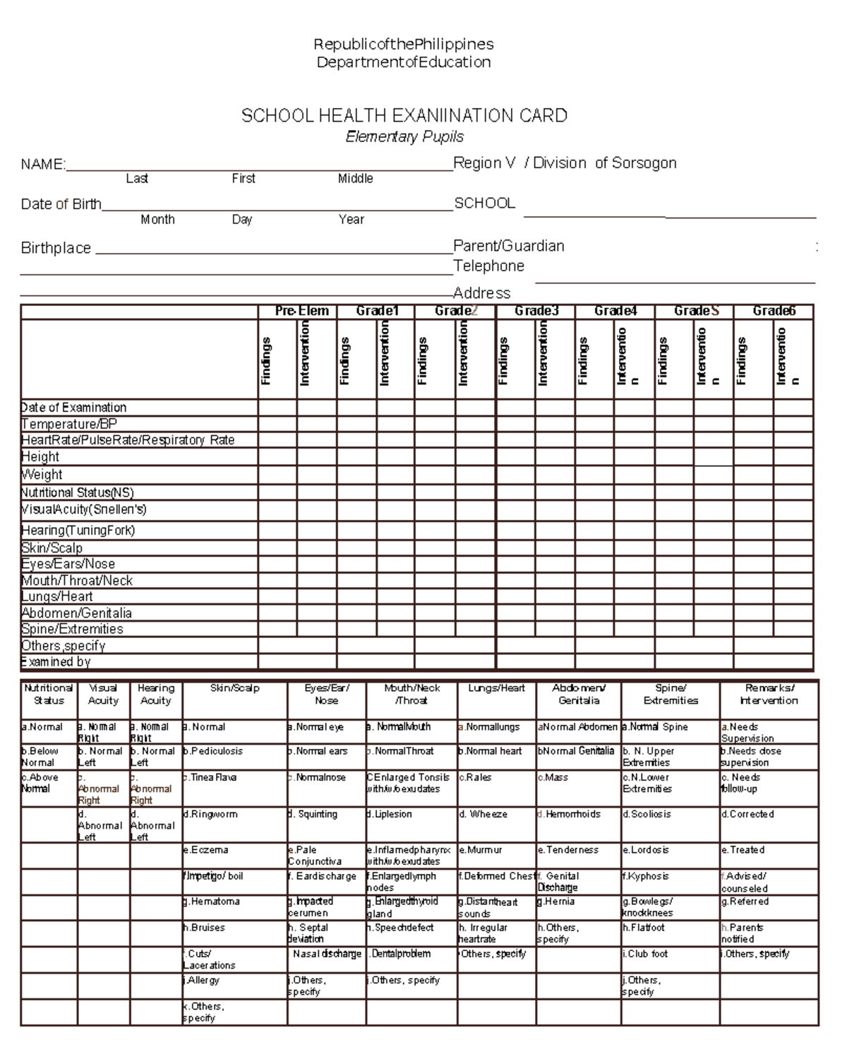 School Health Examination Card for Elementary Pupils (Grade 1-6) - Studocu