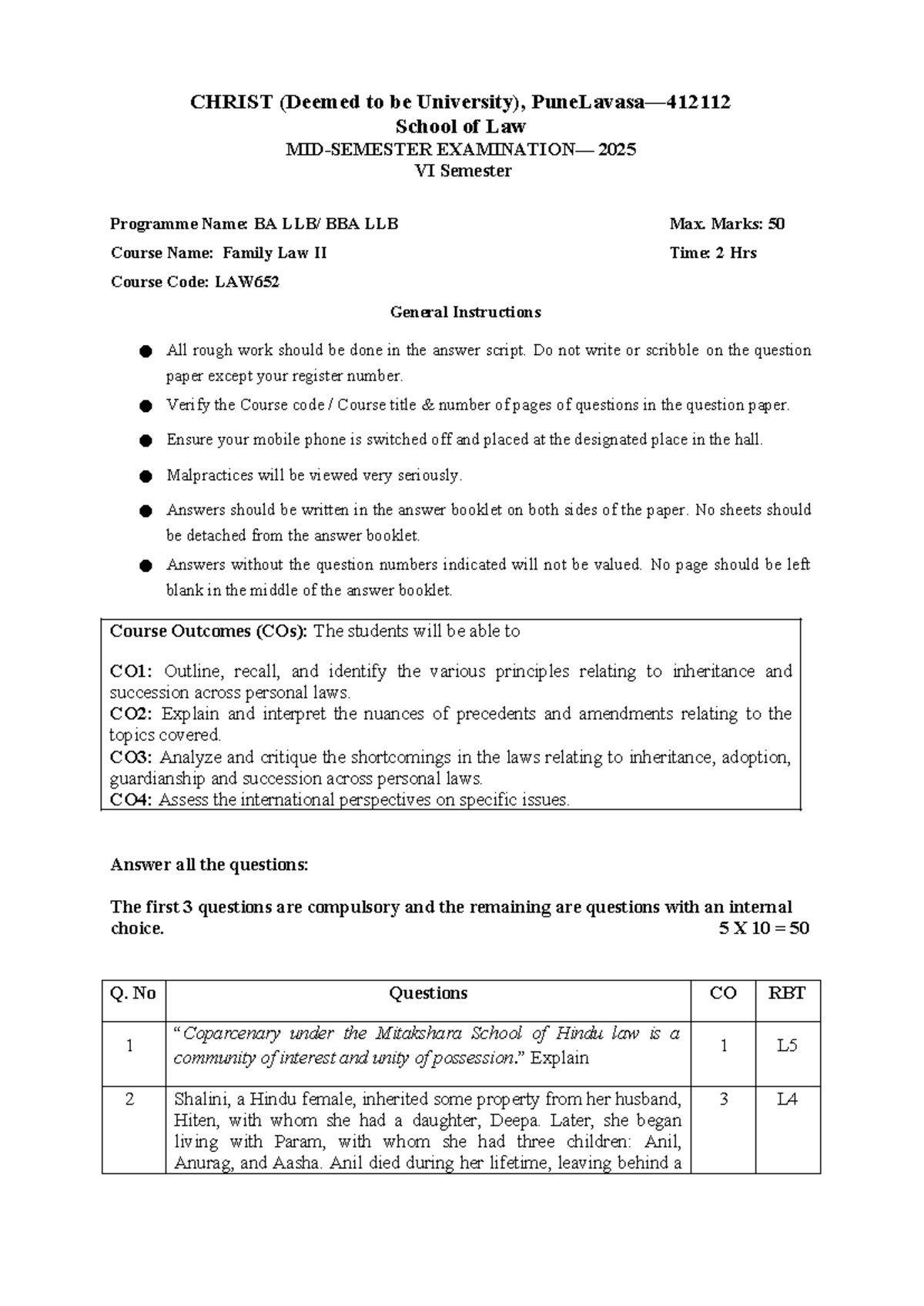 LAW652 Family Law II Final Exam Questions - VI Semester 2025 - Studocu