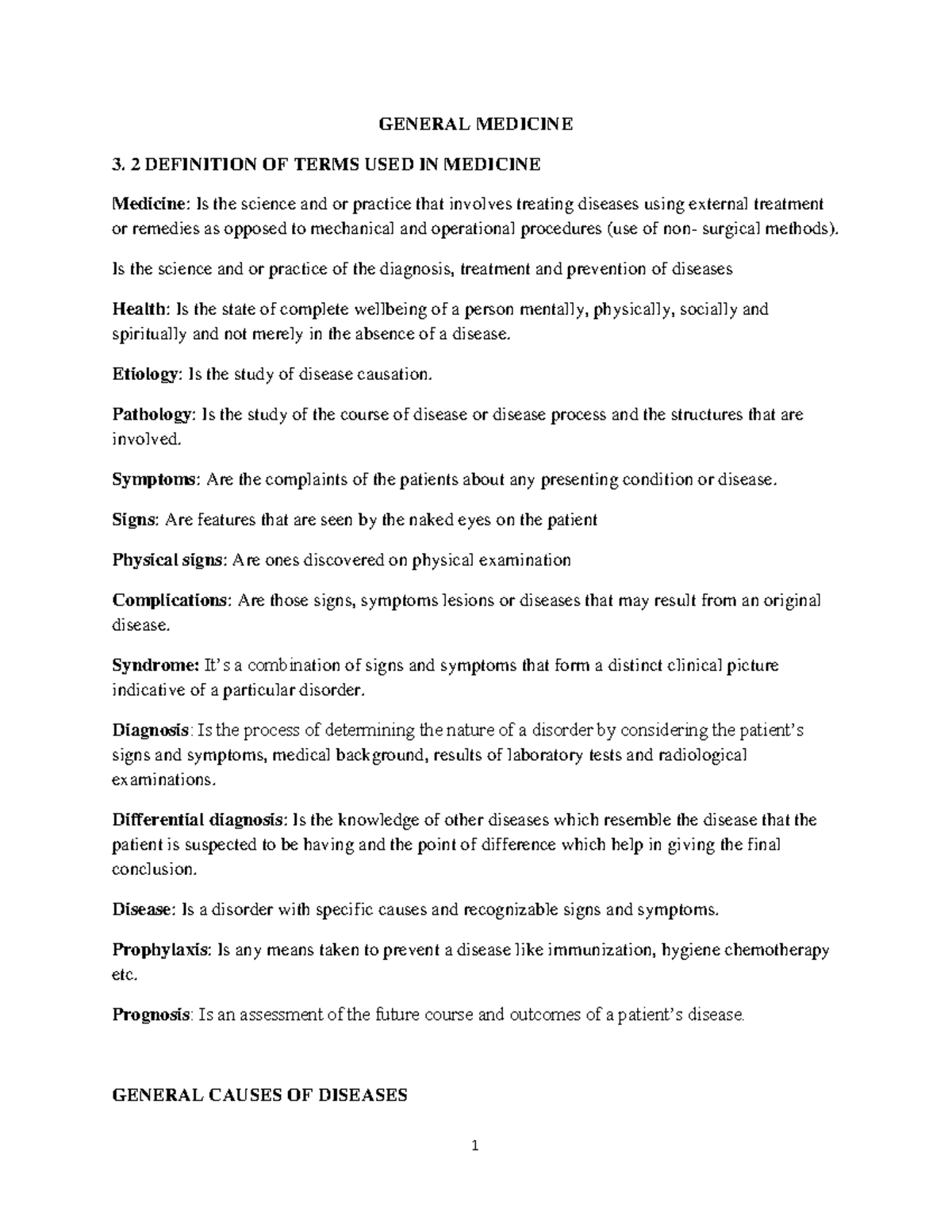 MEDICINE 1 NOTES: DEFINITIONS AND DISEASES IN GENERAL MEDICINE - Studocu