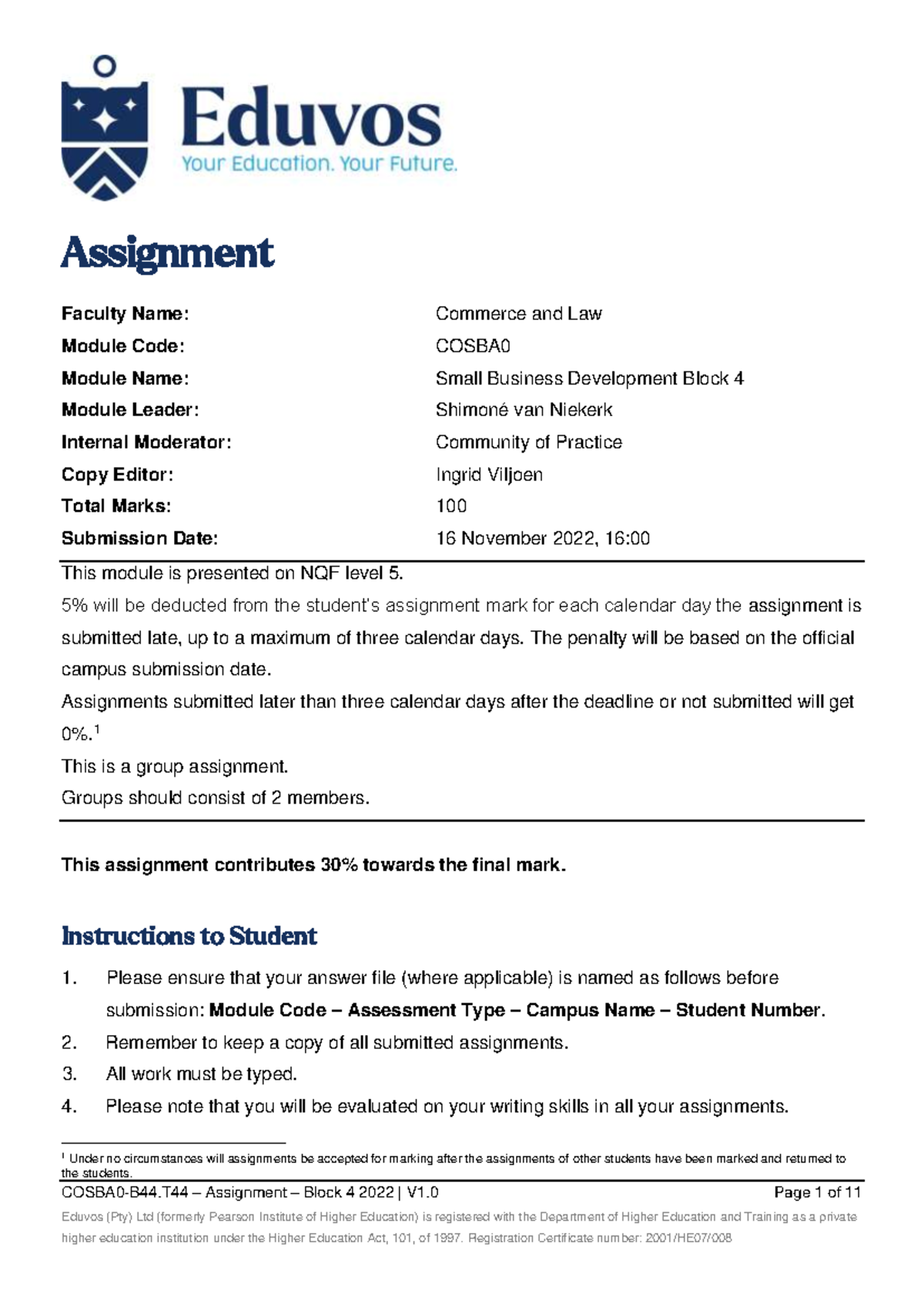 COSBA 0-B44 – Group Assignment – Business Plan & Elevator Pitch 2022 ...