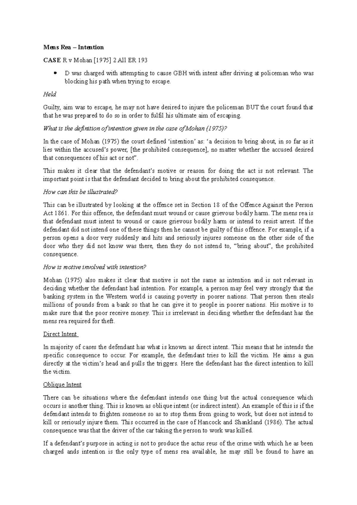Mens Rea and Intention: Key Concepts and Case Law - Lecture Notes - Studocu