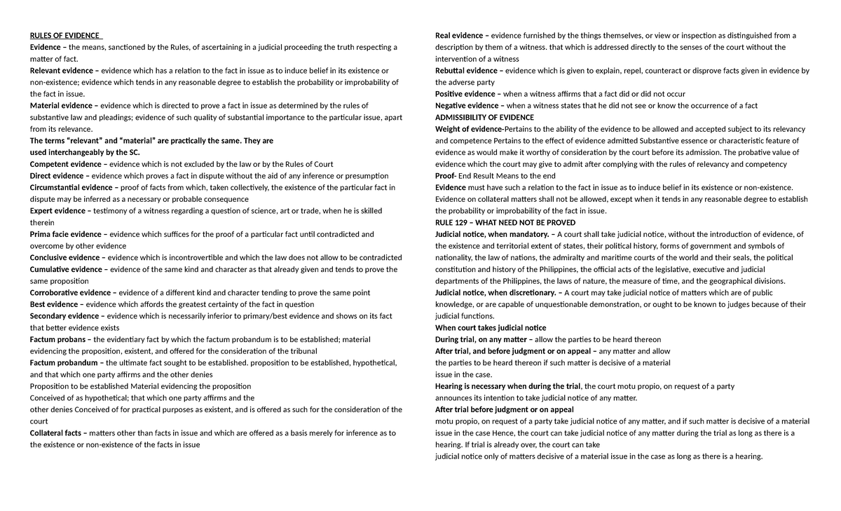Rules of Evidence - Comprehensive Study Notes for Law Students - Studocu