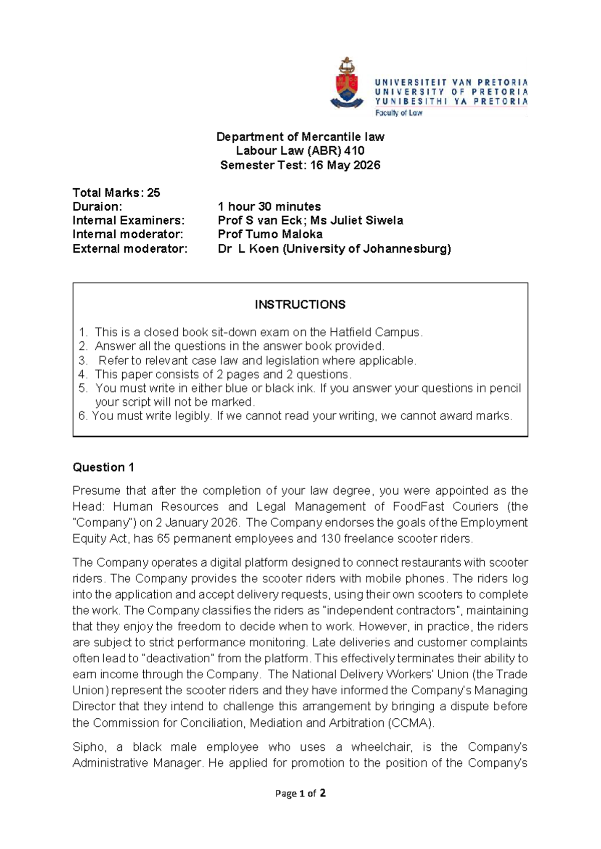 ABR 410 Labour Law Semester Test: 16 May 2026 - Final Draft with Memo ...
