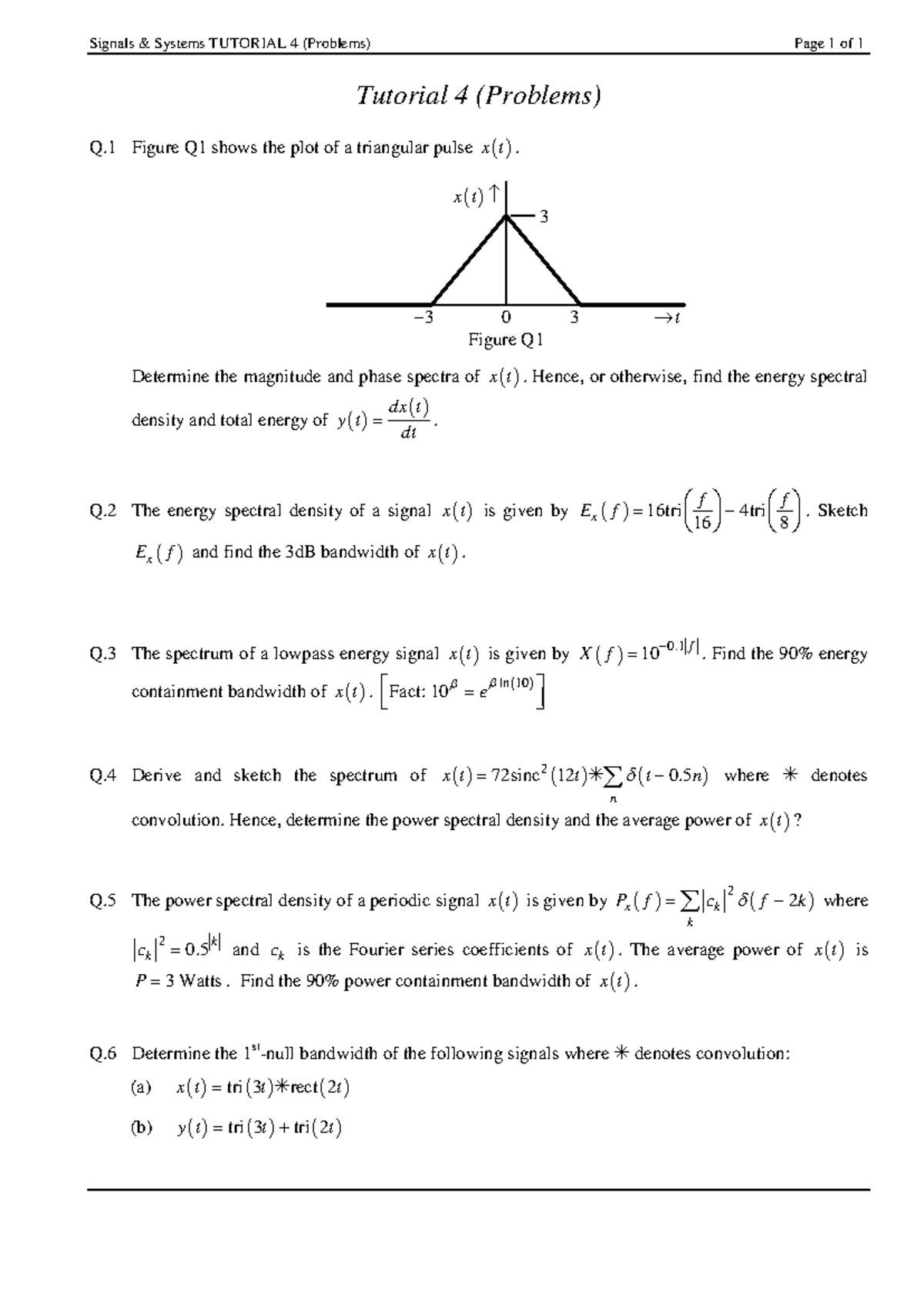 Signals Systems TUTORIAL 4 (Problems) - Solutions and Analysis - Studocu
