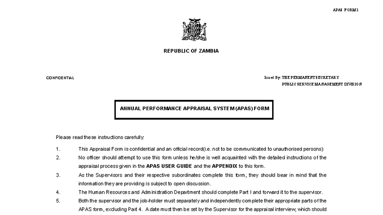 APAS Form 1: Annual Performance Appraisal Instructions - Zambia - Studocu