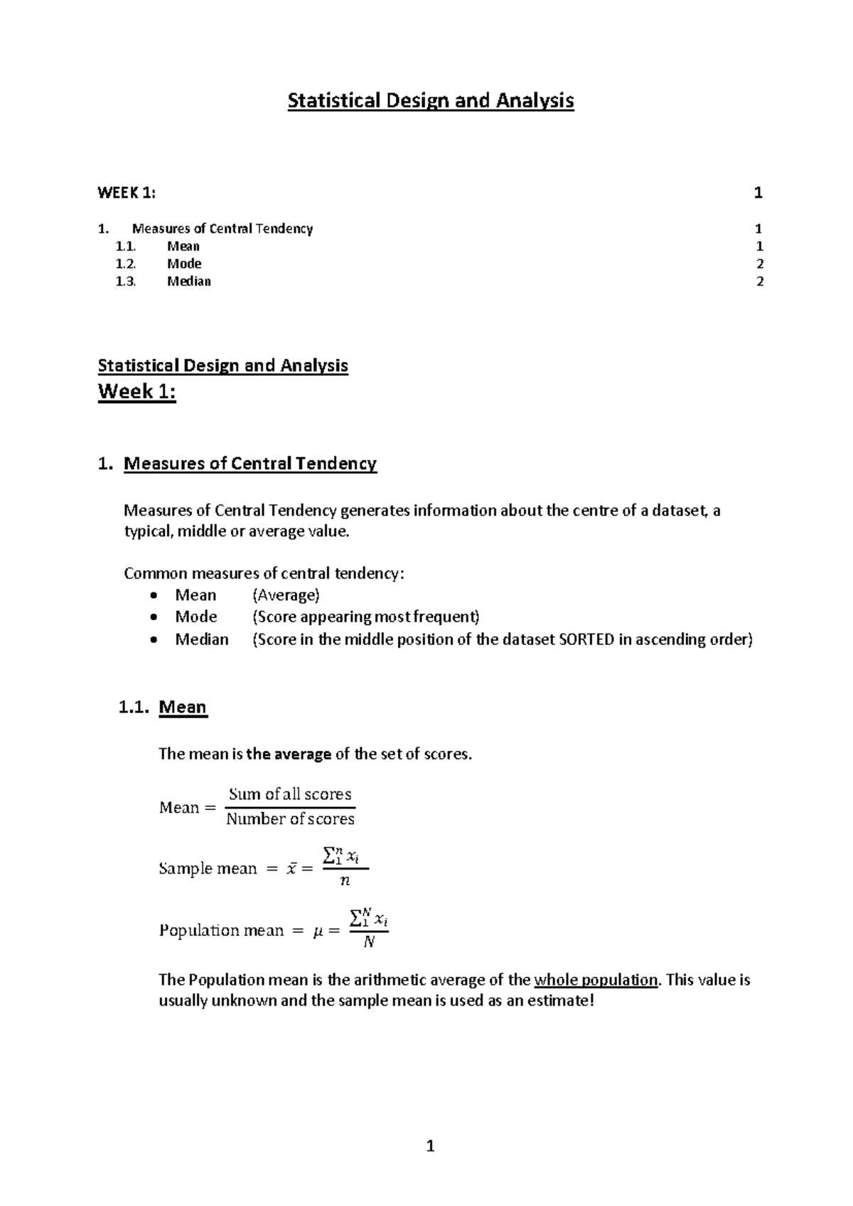 Statistical Design and Analysis (W1): Measures of Central Tendency ...