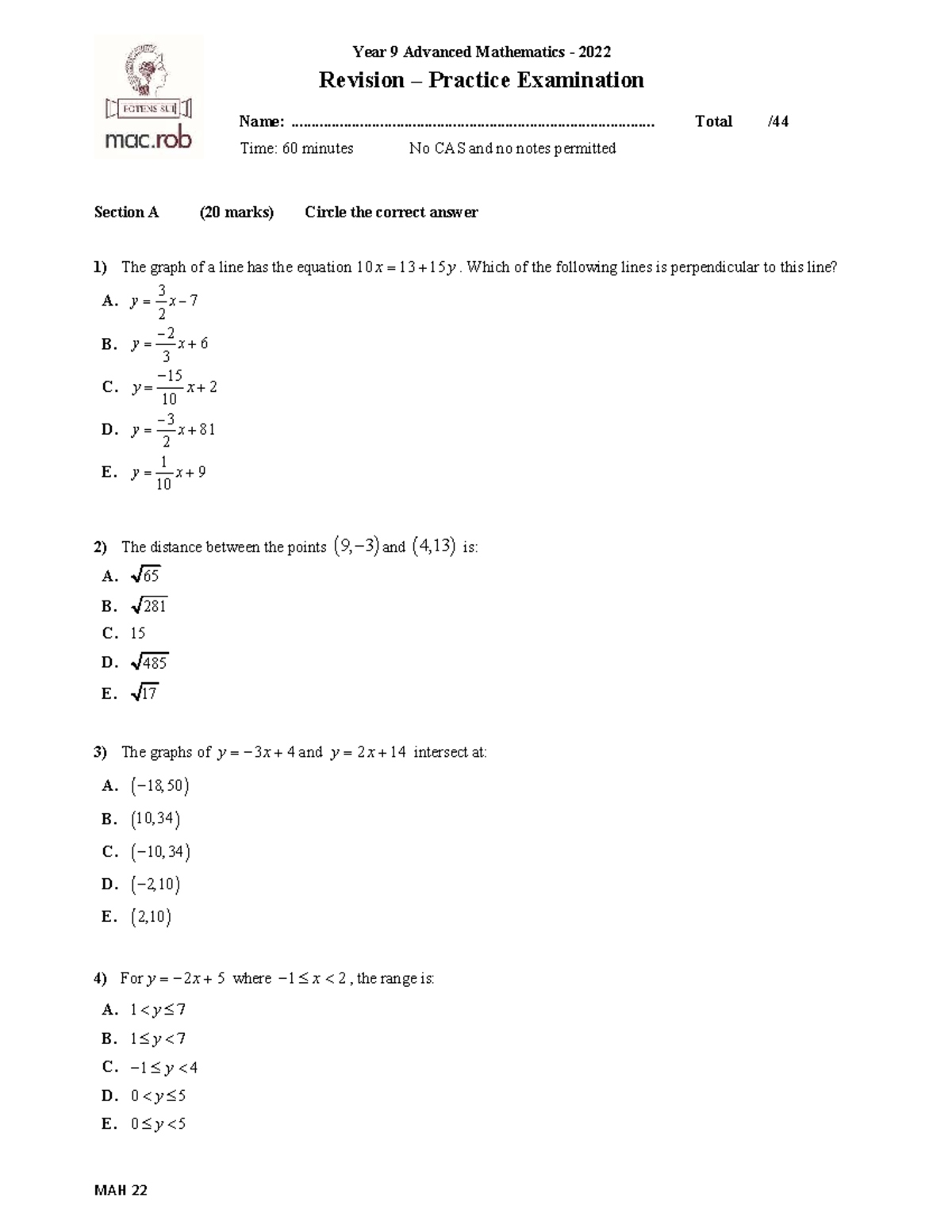 9AM Practice Exam - maths - Year 9 Advanced Mathematics - 2022 Revision ...