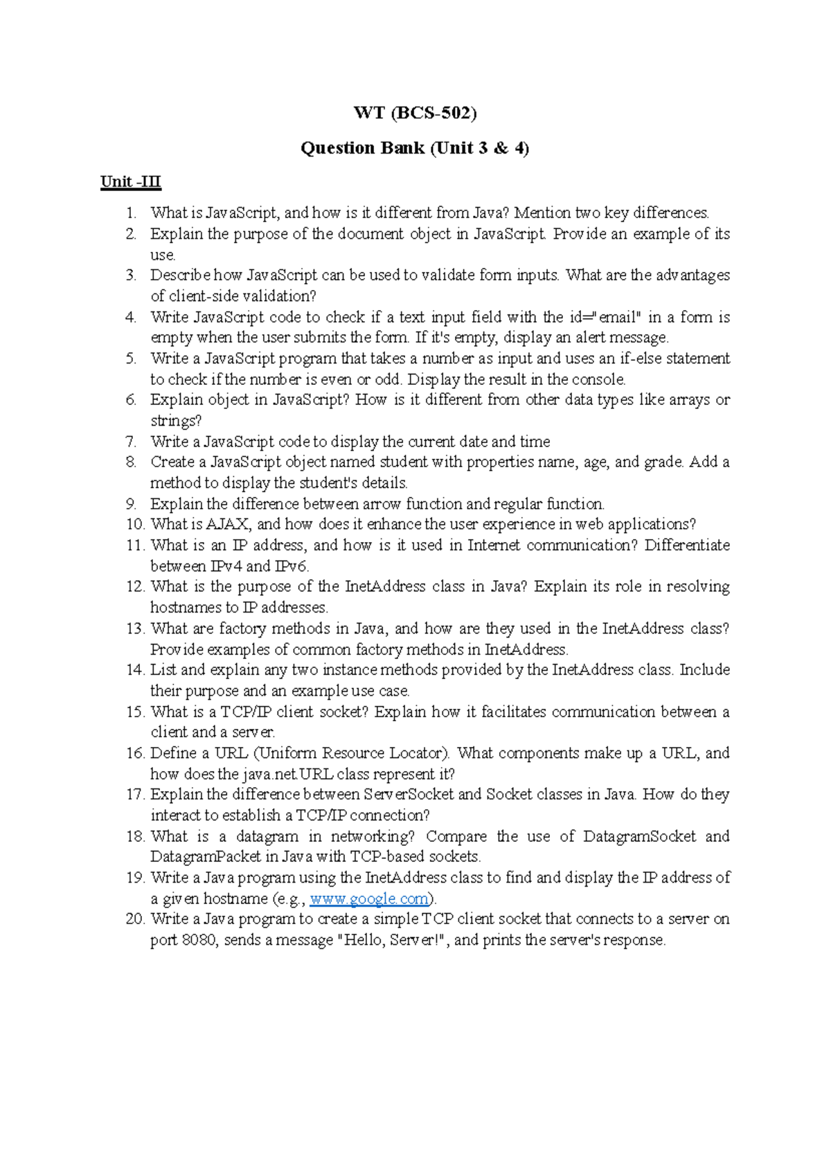 WT (BCS-502) Question Bank 3 and 4 - WT (BCS-502) Question Bank (Unit 3 ...