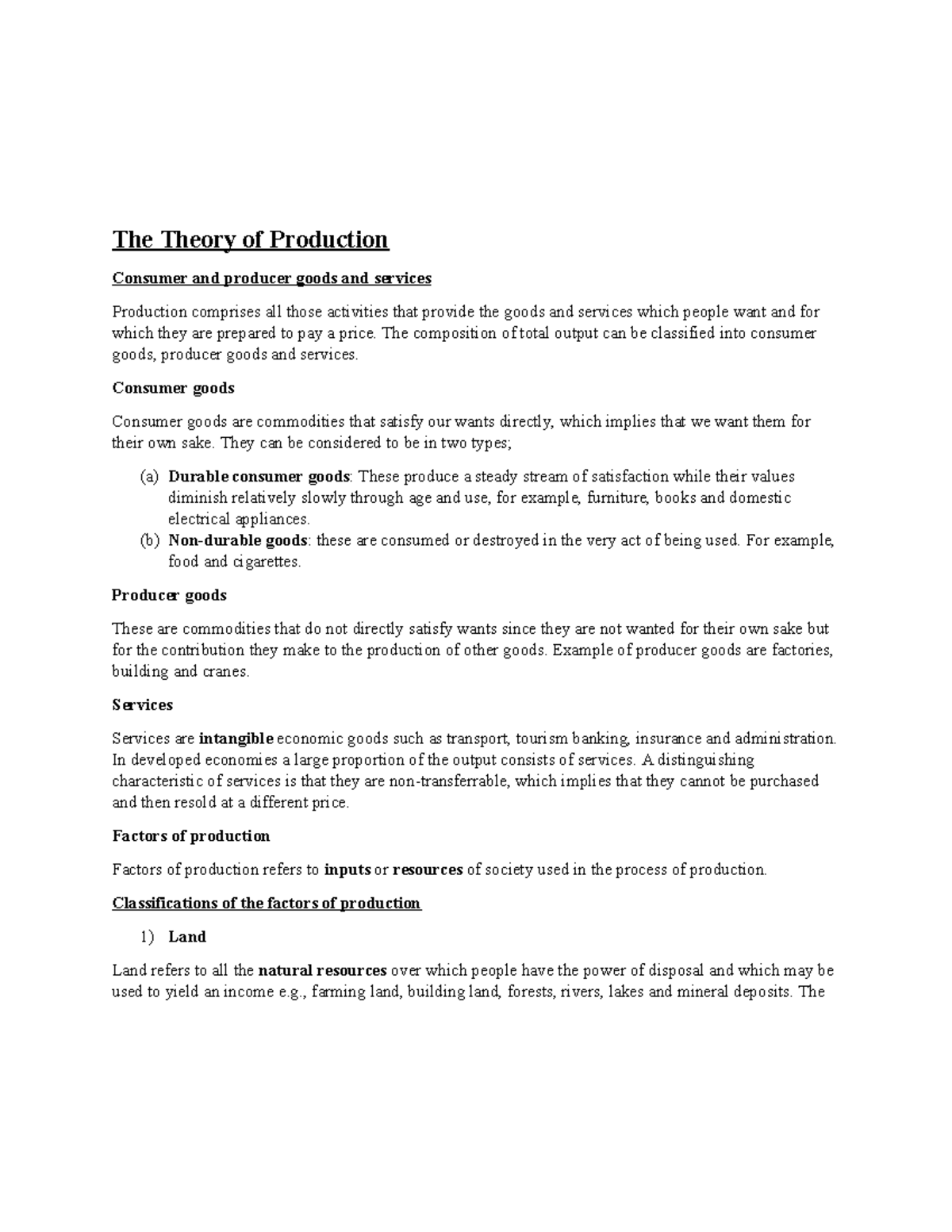 Production Theory: Detailed Notes on Factors and Concepts - Studocu
