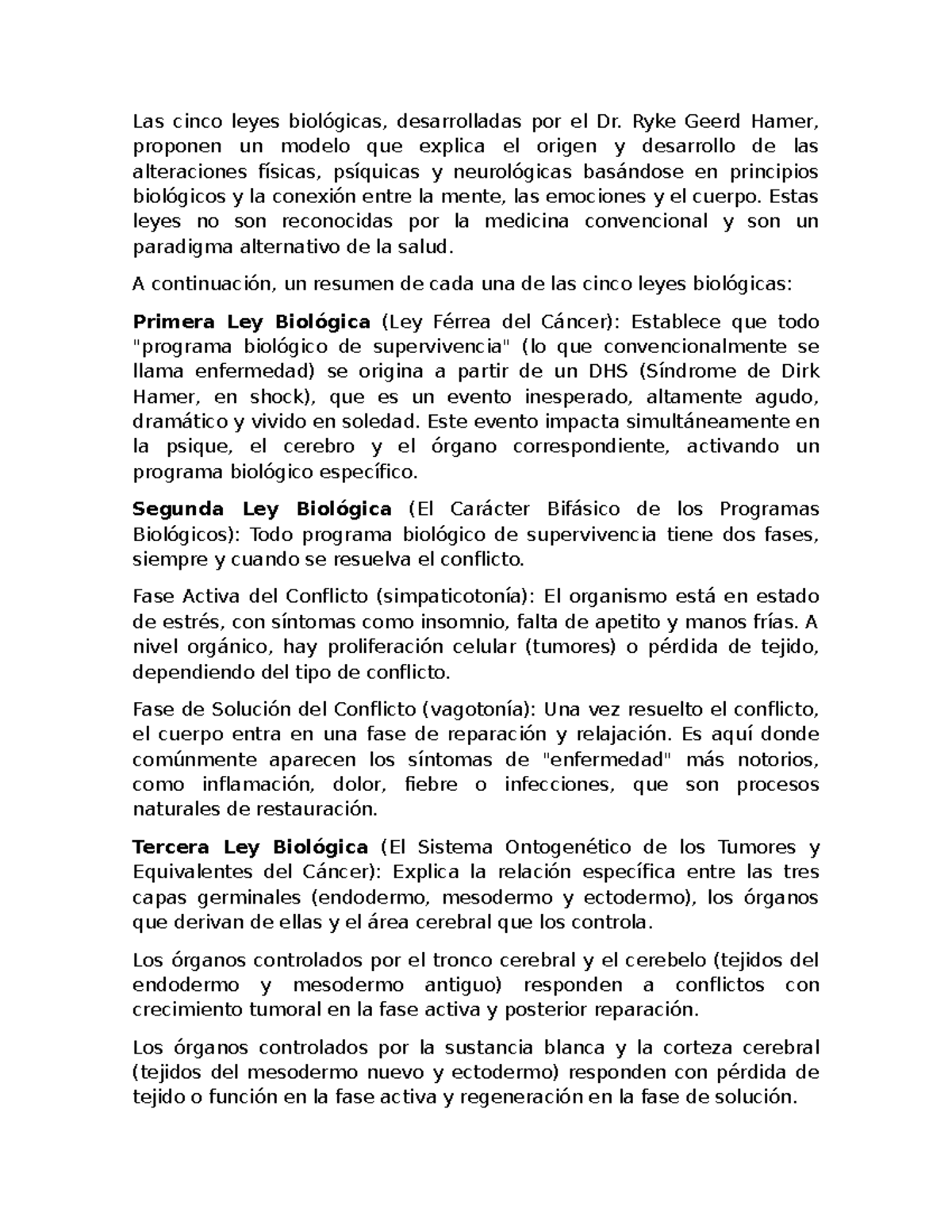 5 Leyes Biológicas de Hamer: Resumen y Análisis - Studocu