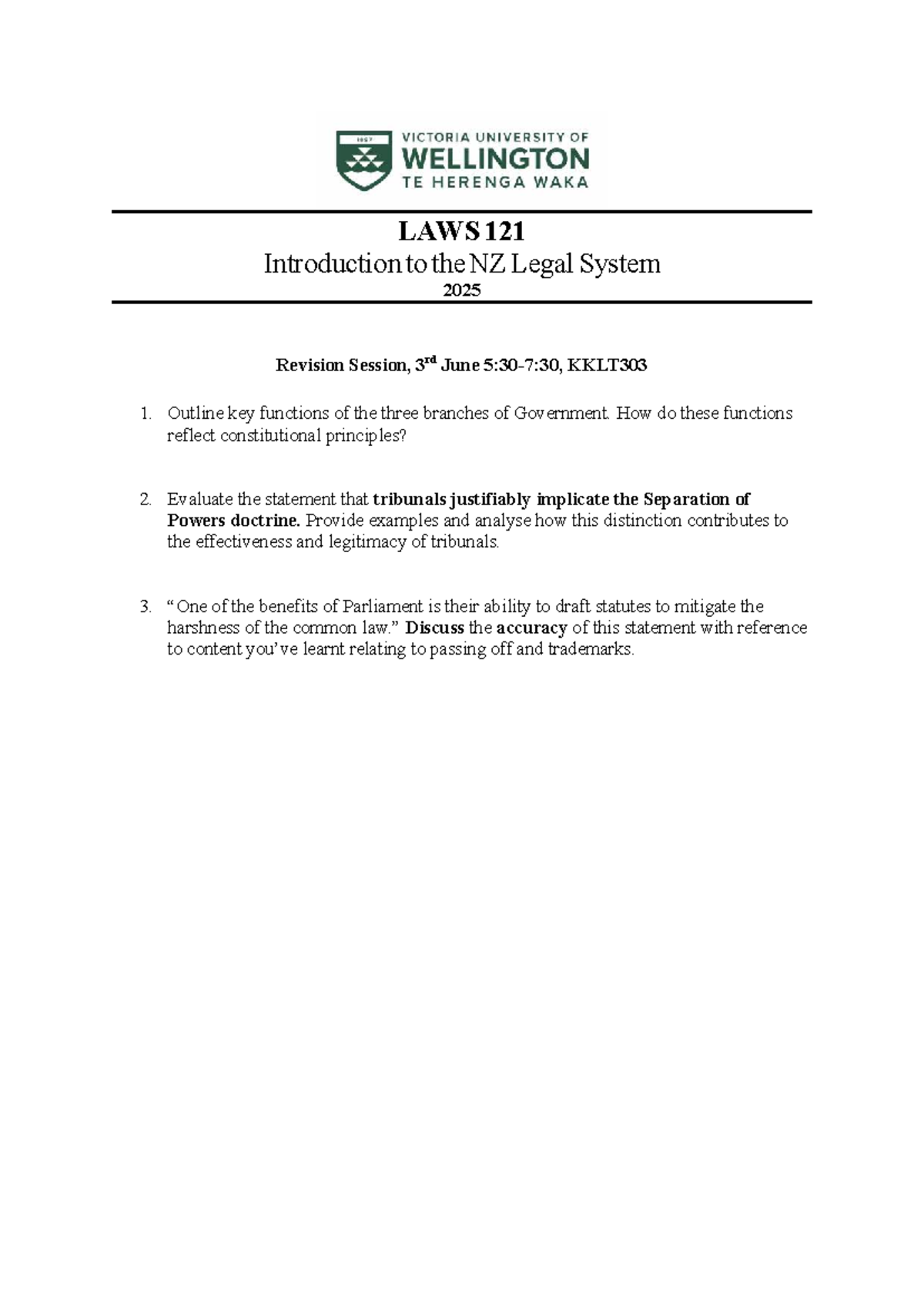 LAWS 121 Revision Session - LAWS 121 Introduction to the NZ Legal ...