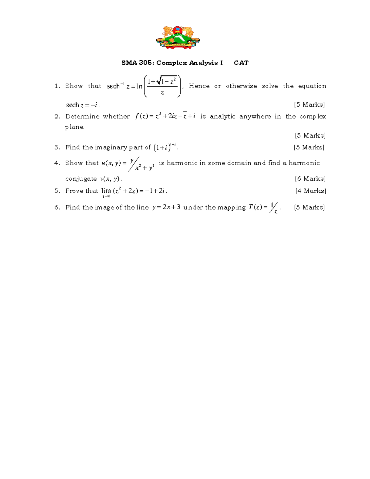 SMA 305: Complex Analysis I CAT z2 - Detailed Solutions and Notes - Studocu