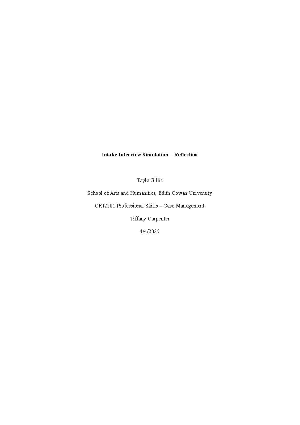 CRI2101 Professional Skills Case Management: Intake Interview ...