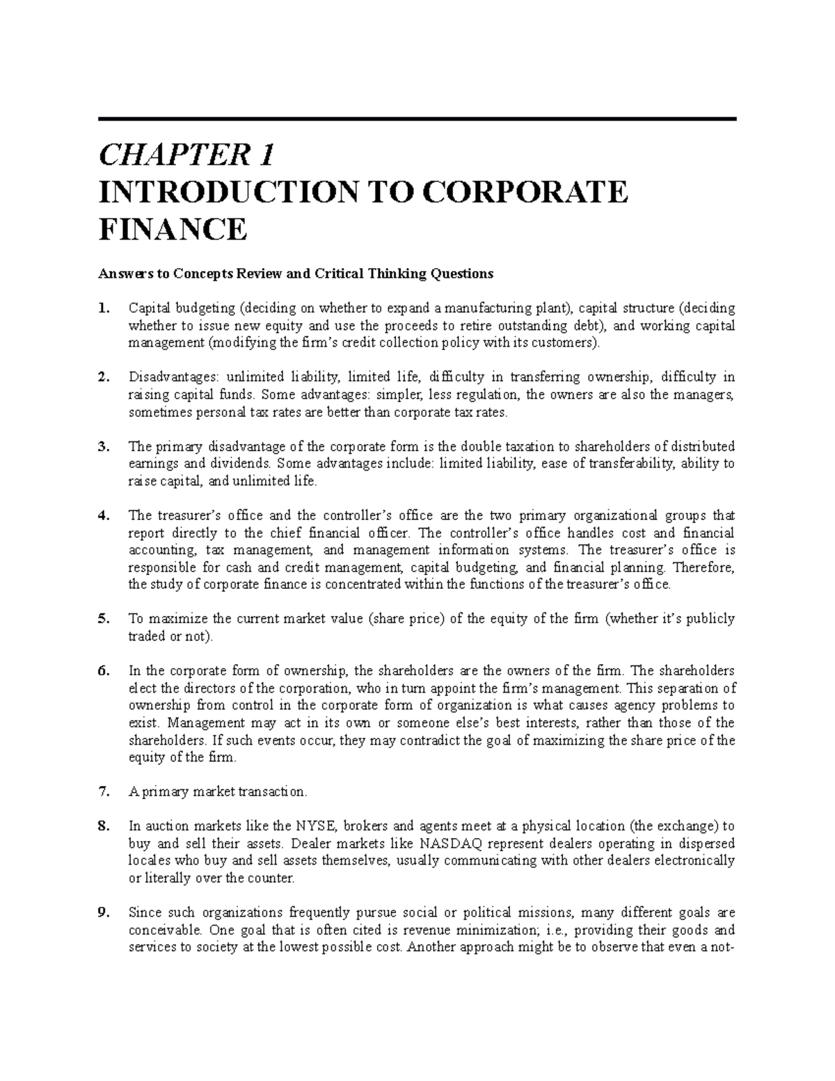 Chapter 1: Intro to Corporate Finance - Key Concepts & Insights - Studocu