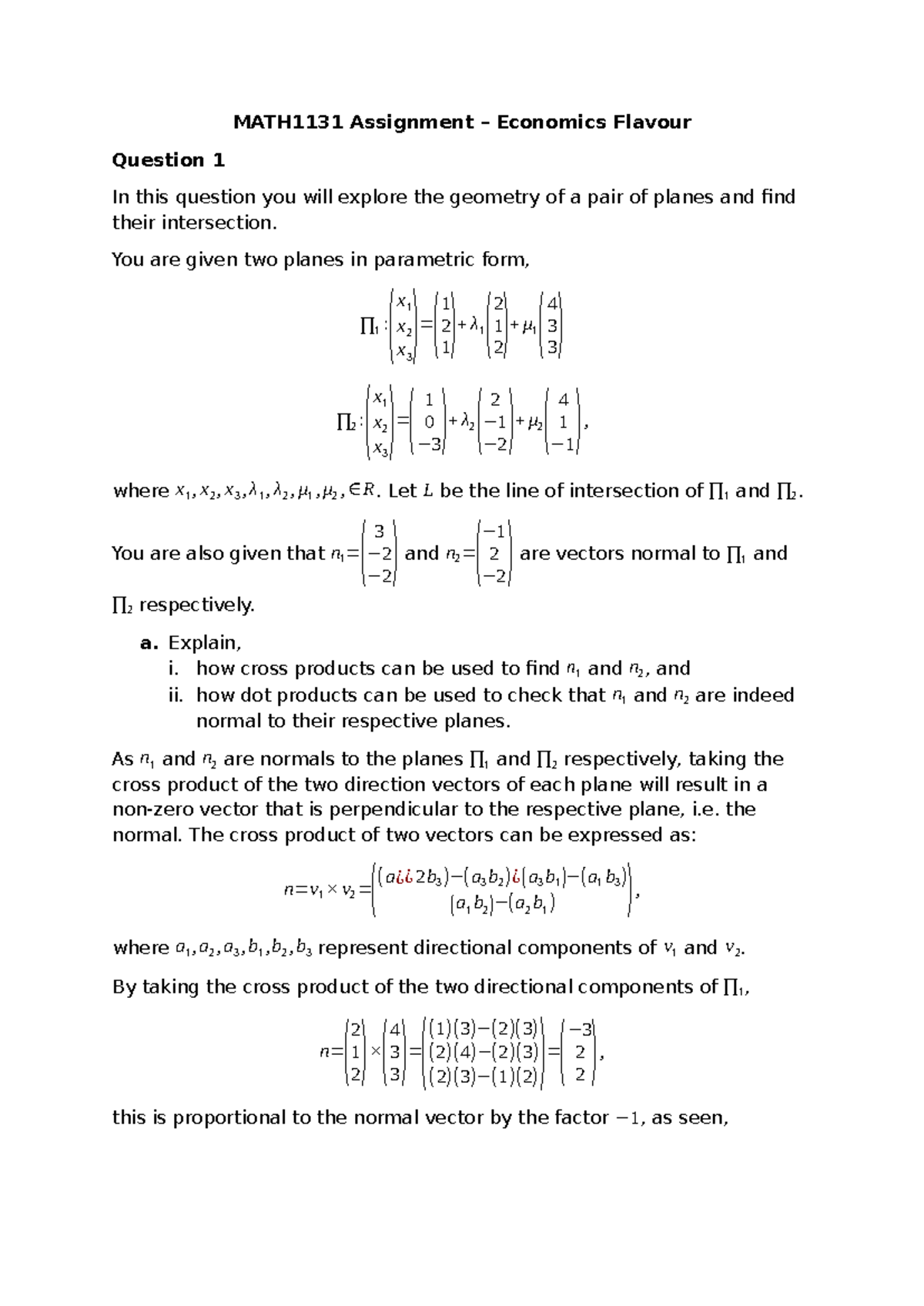 MATH1131 Assignment - Exploring Geometry of Planes and Profit Analysis ...