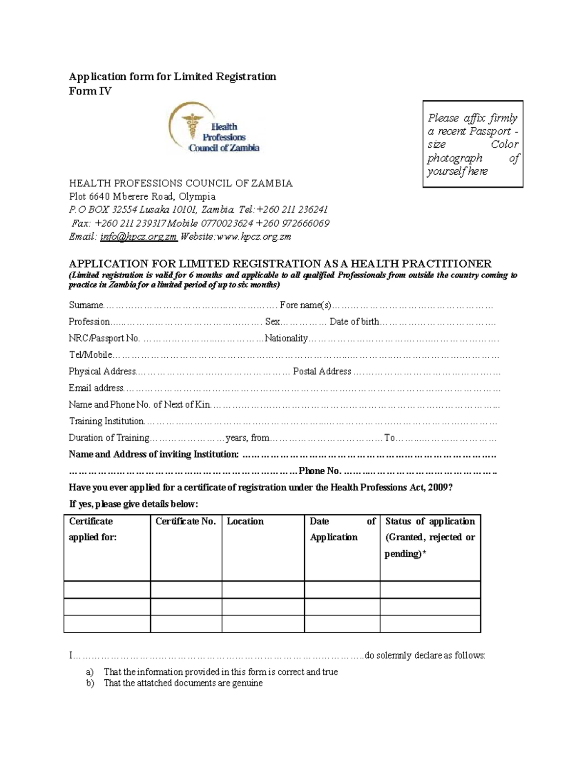 Re-registration Form for Health Practitioners - HPCZ Application - Studocu
