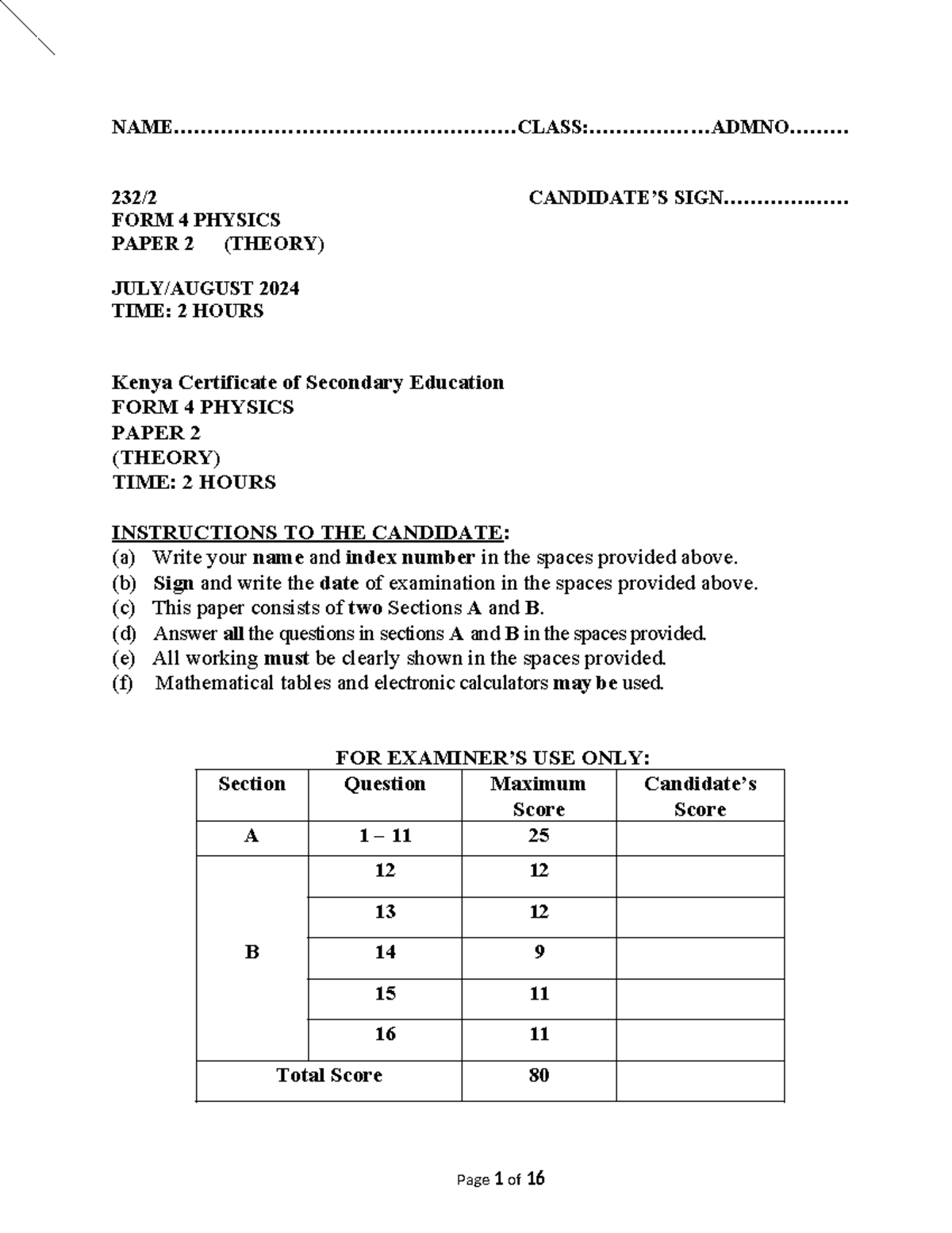 FORM 4 PHYSICS PAPER 2 (THEORY) 2024 - EXAM QUESTIONS - Studocu