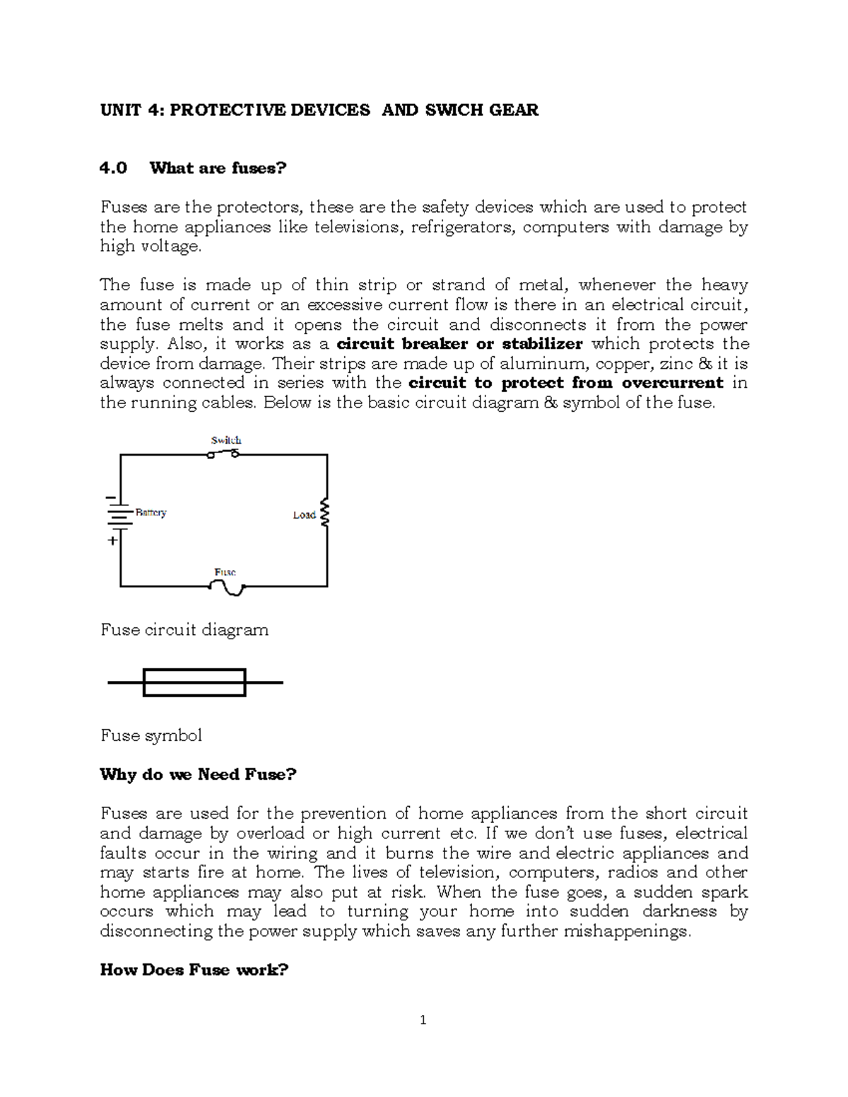 Fuses Notes - UNIT 4: Protective Devices and Switch Gear - Studocu
