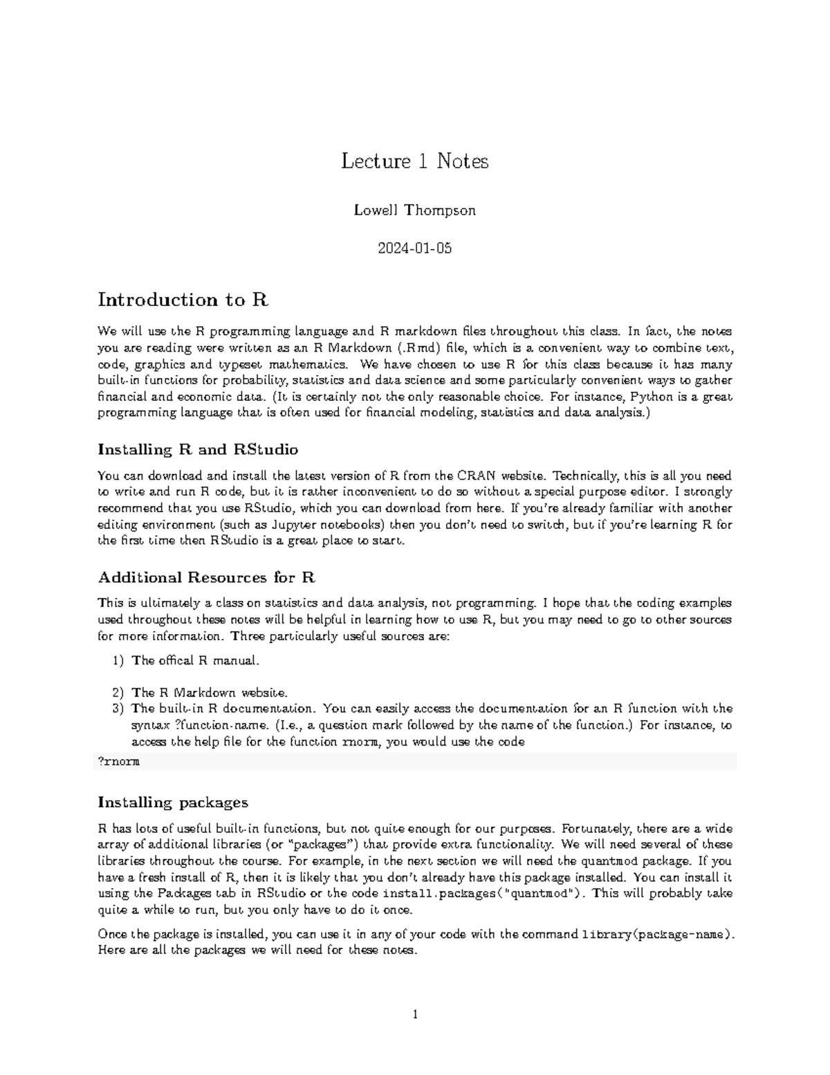 Lecture 1: Introduction to R and Financial Data Analysis (STAT101 ...