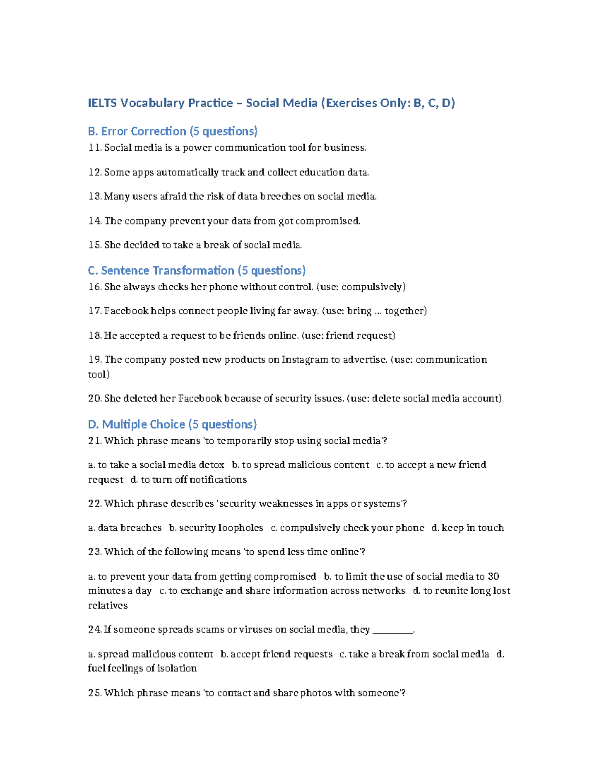 IELTS Social Media Vocabulary Practice (Exercises B, C, D) - Studocu