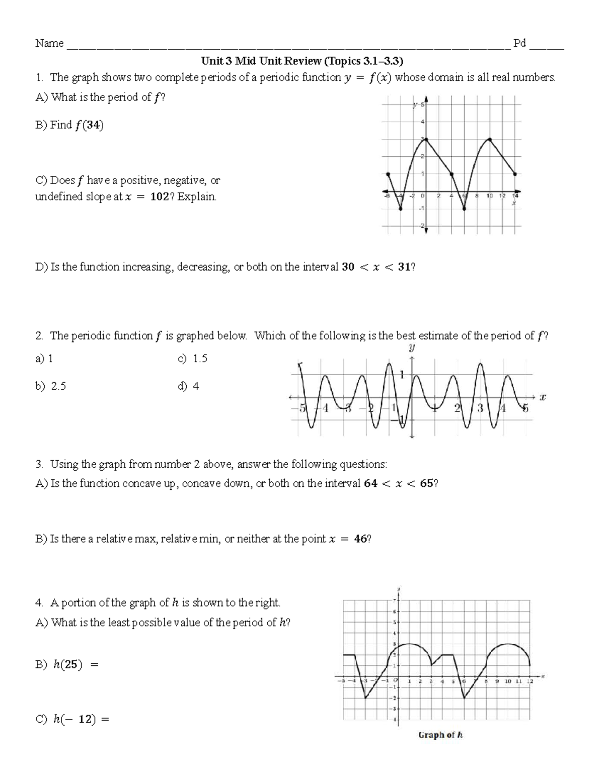 Unit 3 Mid Unit Review: Periodic Functions & Graph Analysis - Studocu