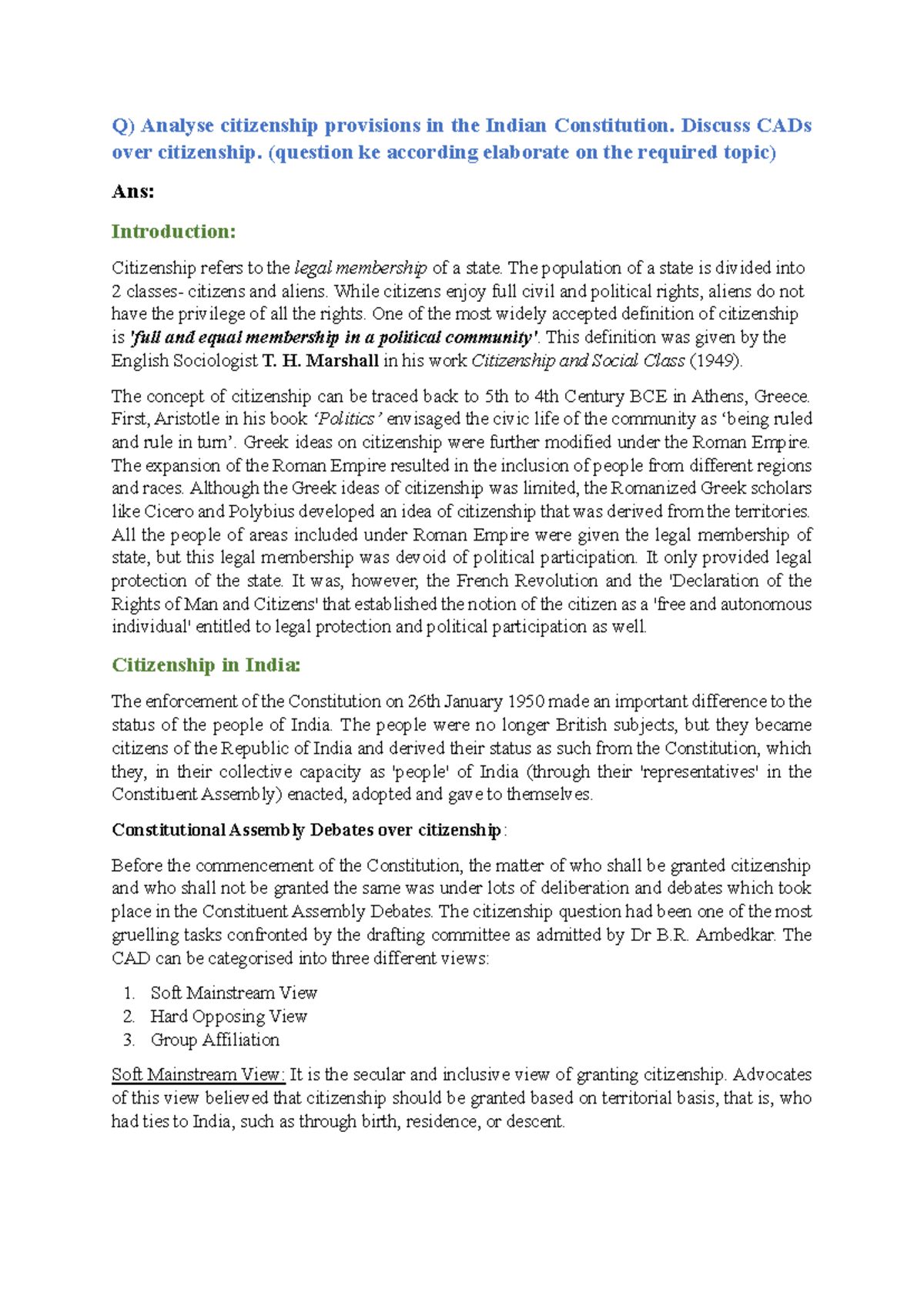 Analysis of Citizenship Provisions in the Indian Constitution (CGDI ...