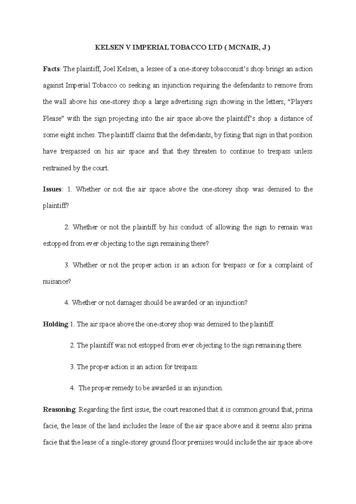 kelsen v imperial tobacco co ltd KELSEN V IMPERIAL TOBACCO LTD: Case Brief on Air Space Trespass
