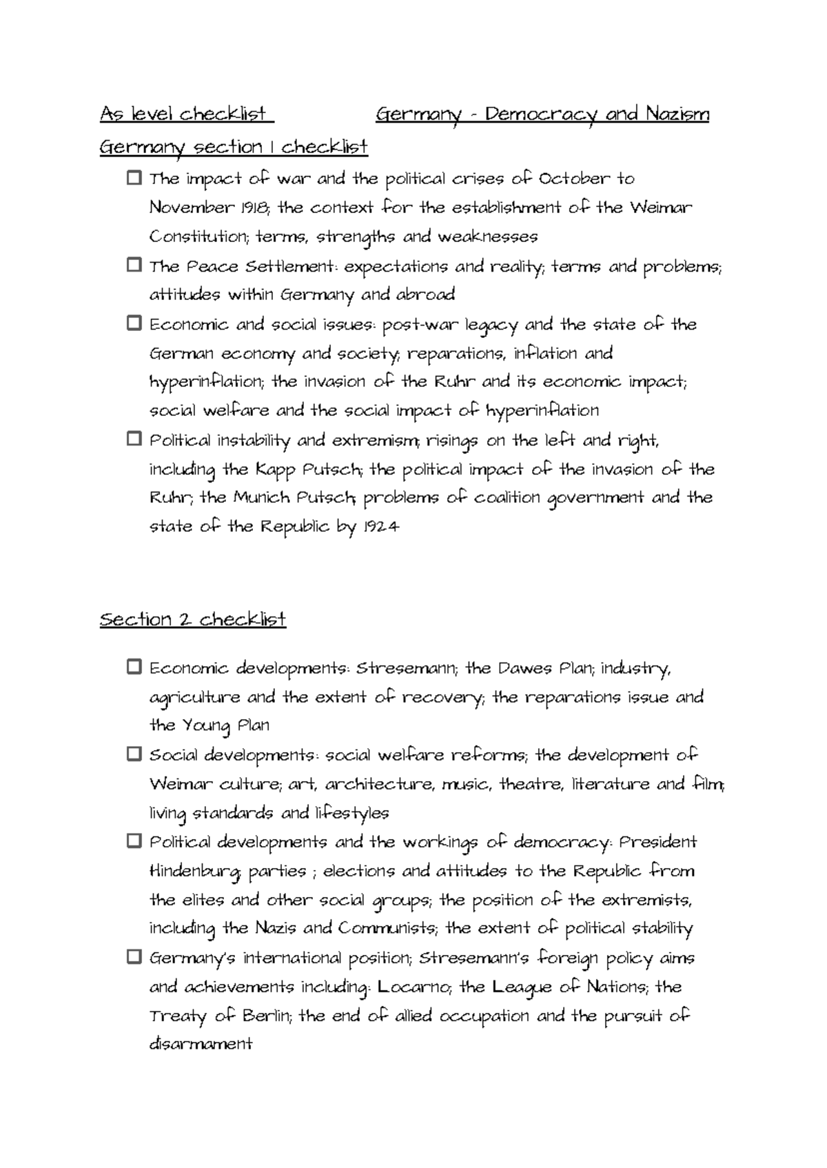 Germany Democracy and Nazism 1918-1945 A Level Checklist - Studocu