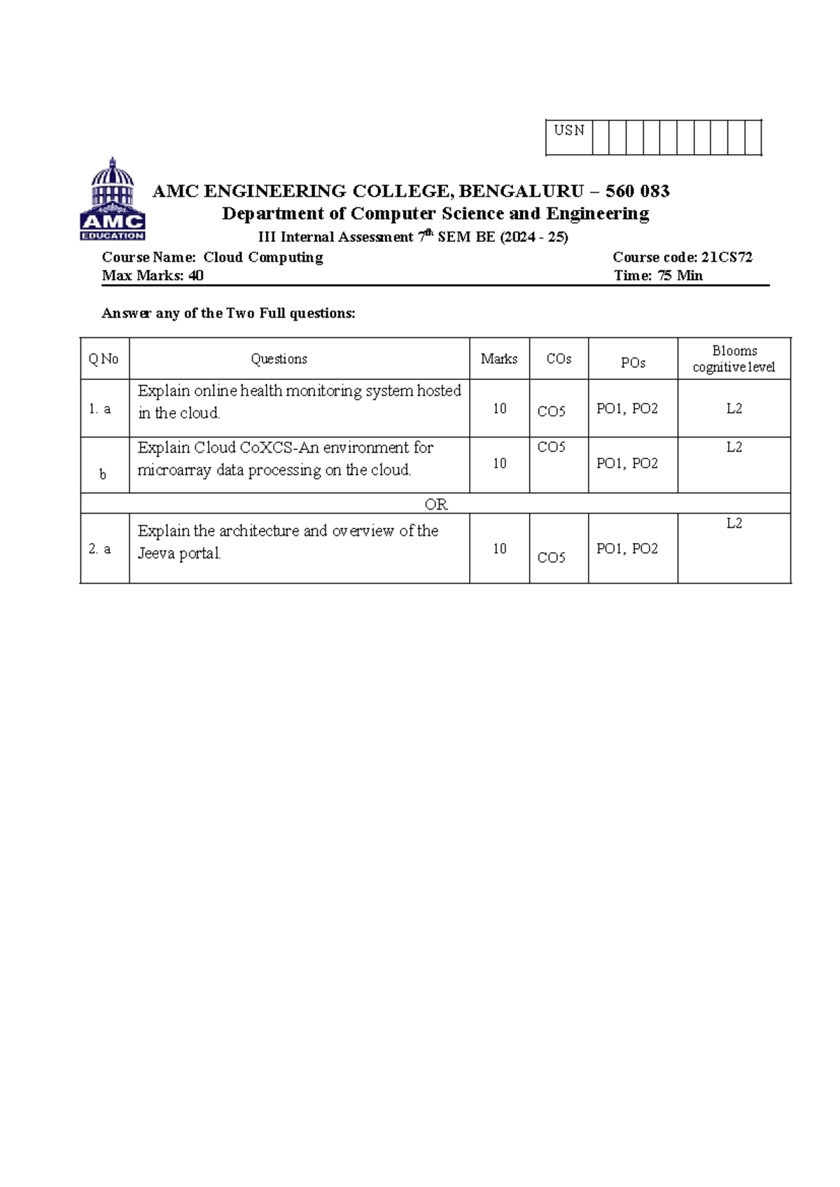 CC 21CS72 7th Sem Cloud Computing Internal Assessment QP (2024-25 ...
