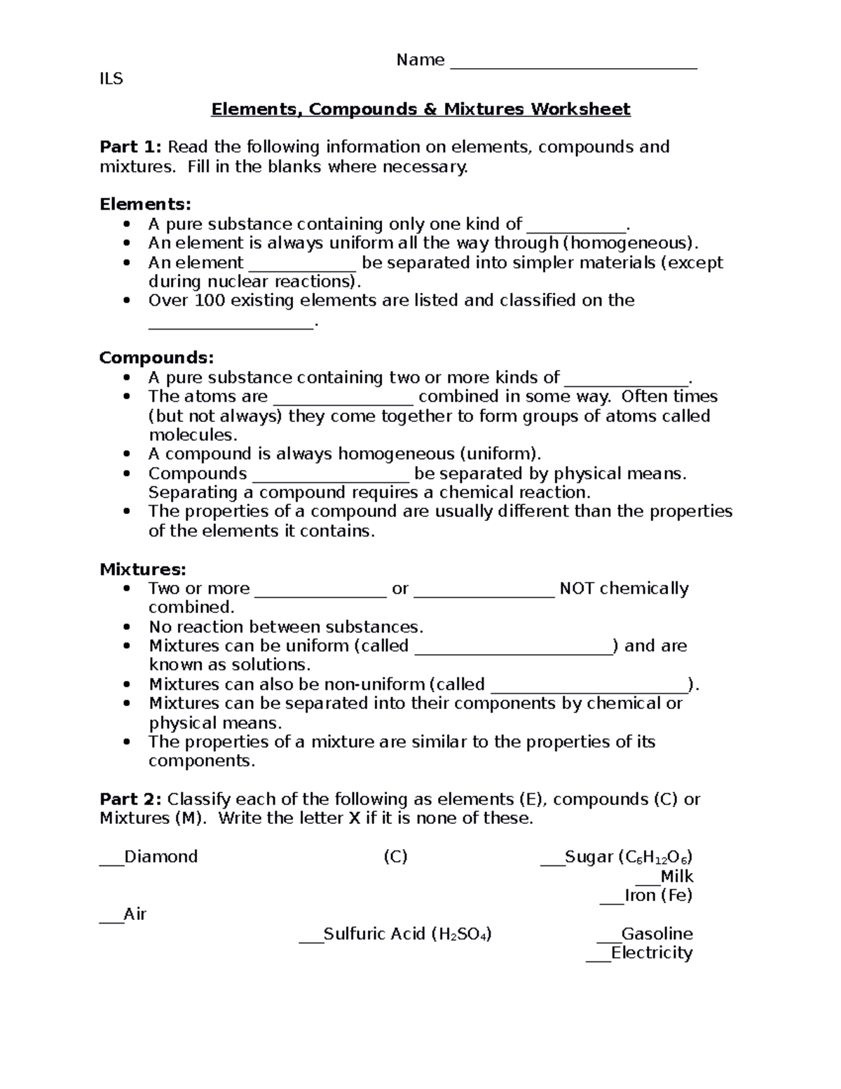 Elements, Compounds & Mixtures Worksheet - 1NSCOO 6 2 - Studocu