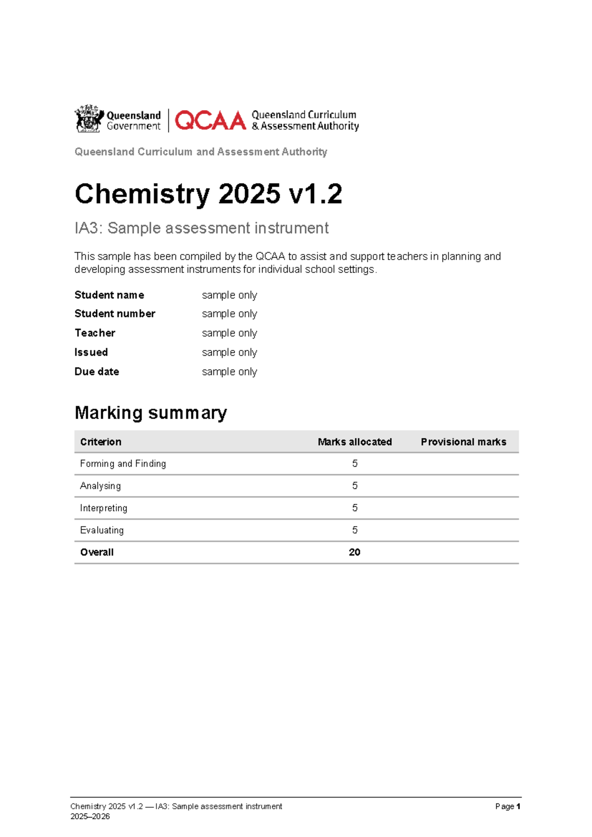 Chemistry 2025 v1.2 IA3: Sample Assessment Instrument Guide - Studocu