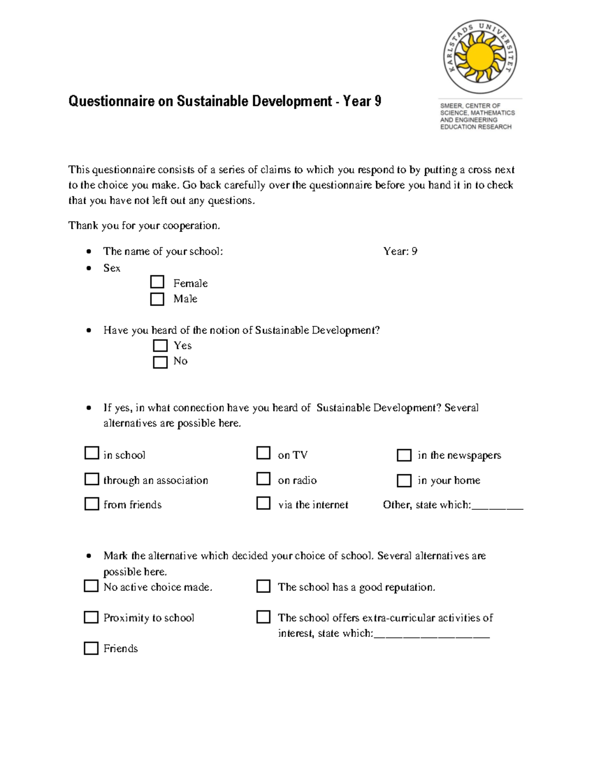 Questionnaire on Sustainable Development - Year 9 Evaluation - Studocu