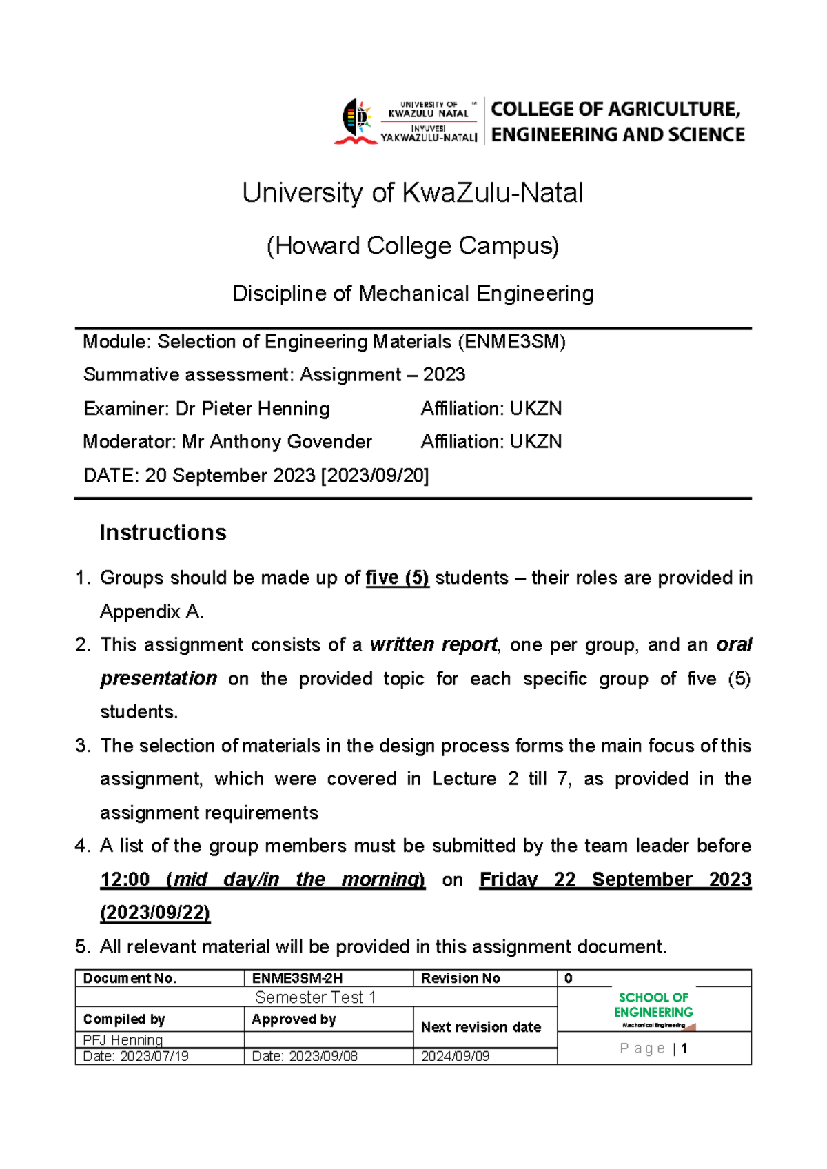 ENME3SM 2023 Semester Test 1 Assignment Guidelines and Instructions ...
