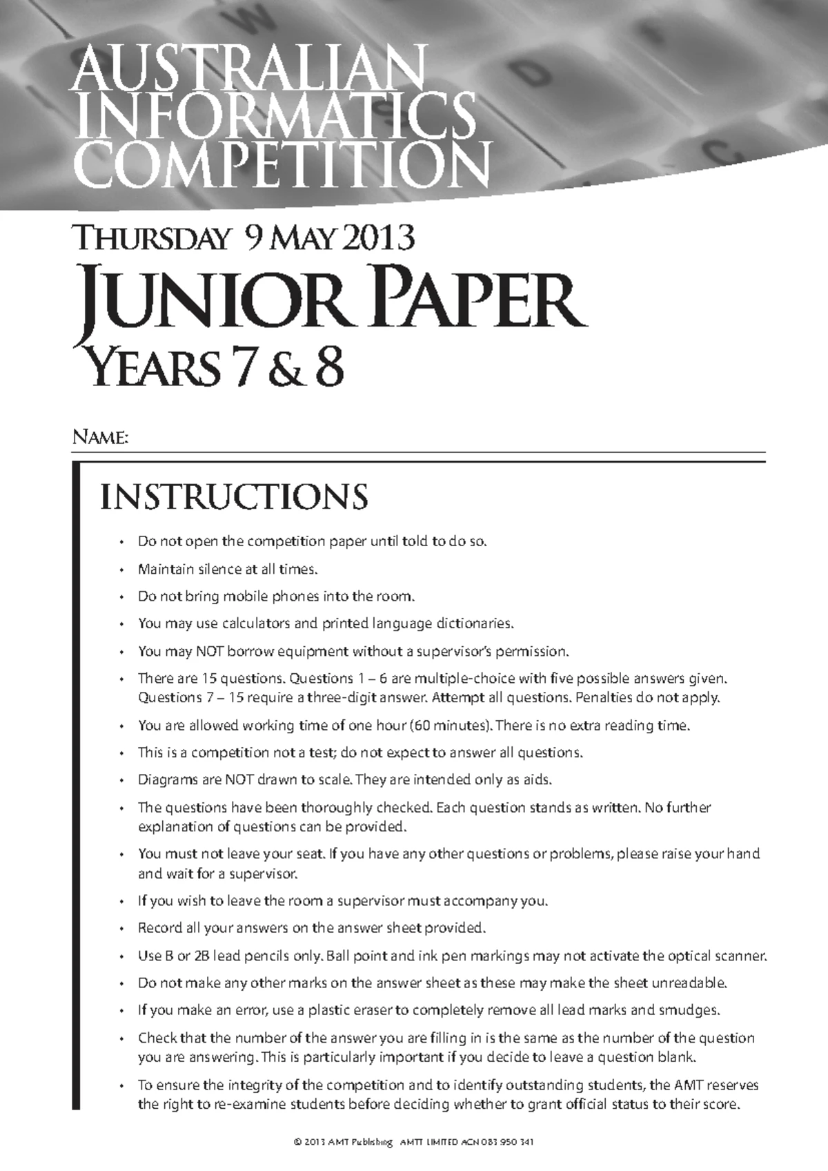 Junior Division Australian Mathematics Competition 2018 - Past Paper ...