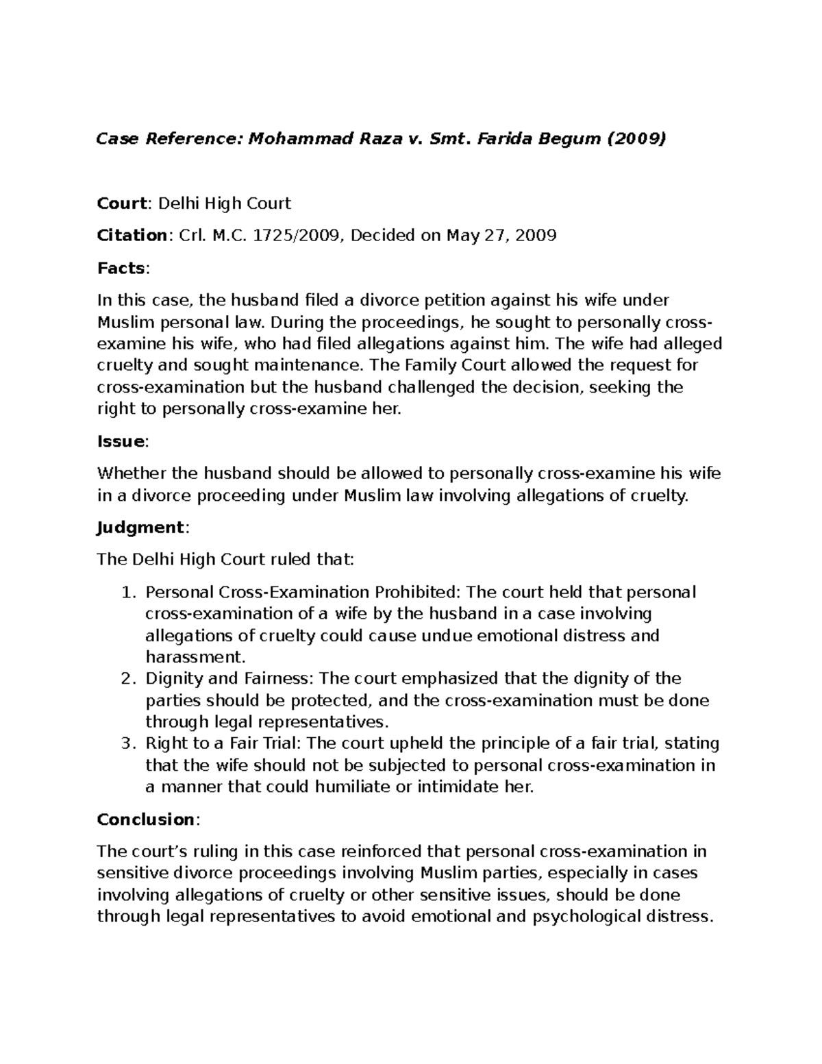 Raza vs farida - Case law - Case Reference: Mohammad Raza v. Smt ...
