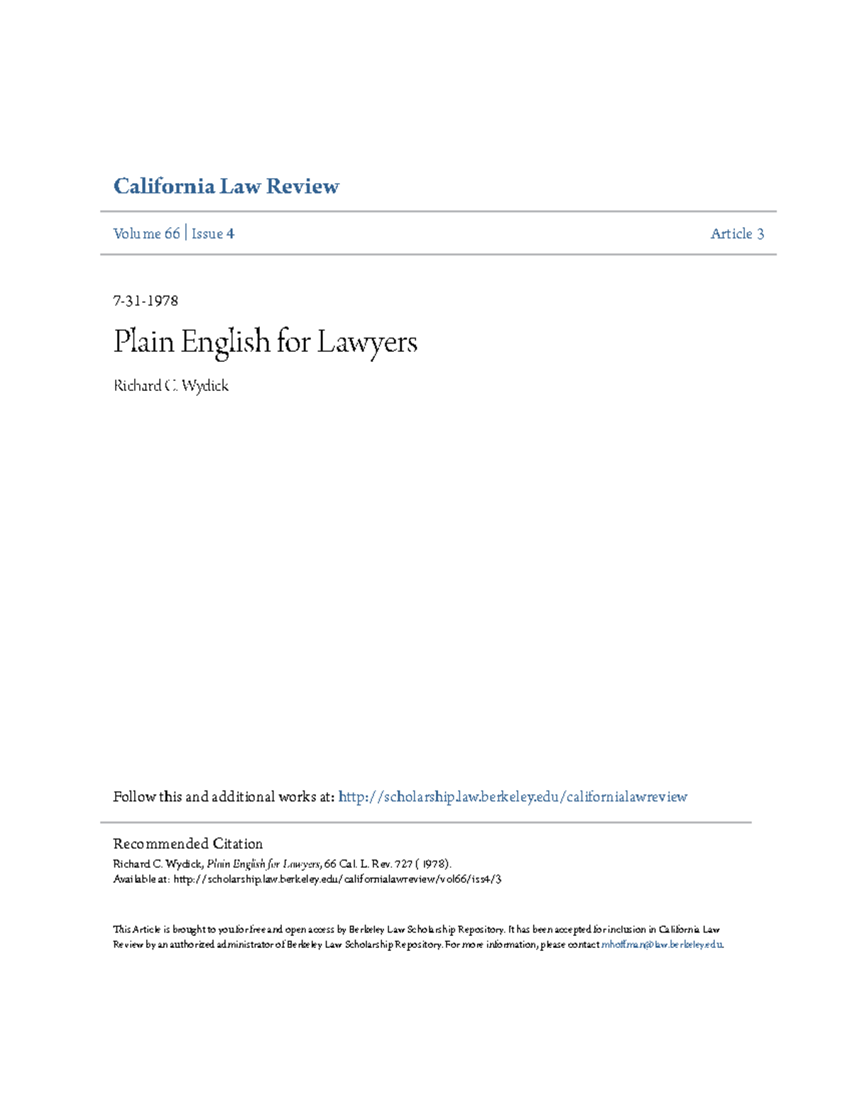 Plain English for Lawyers: A Guide to Clear Legal Writing - California ...