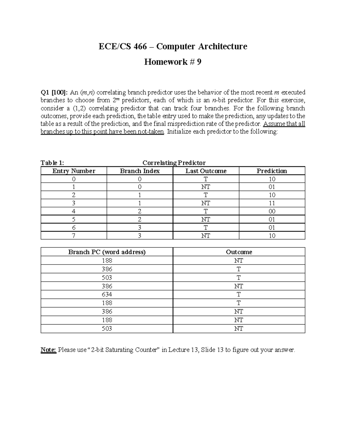 HW9 - Hw for ece 466 - ECE/CS 466 – Computer Architecture Homework # 9 ...