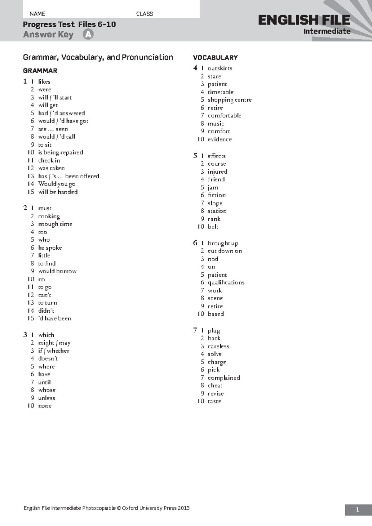 ENGLISH FILE (EF3E) Intermediate Progress Test 6-10 Answer Key - Studocu