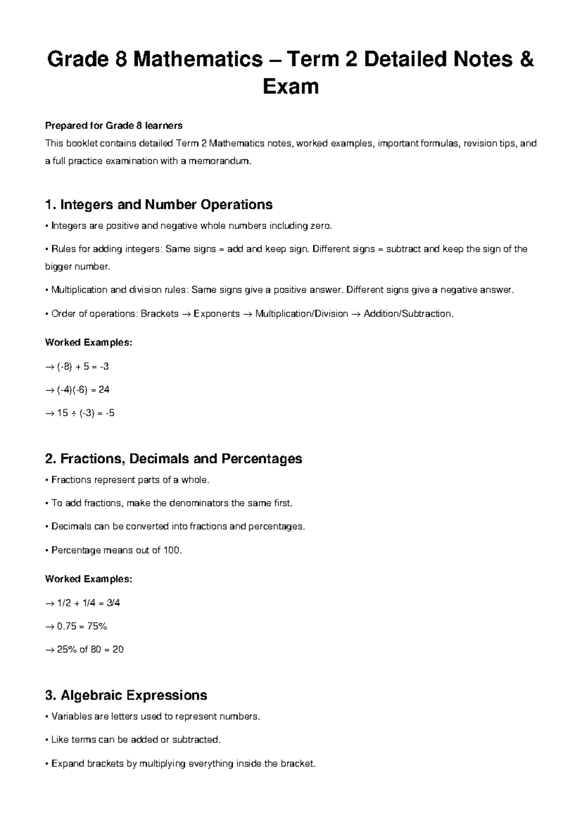 Grade 8 Mathematics Term 2 Notes & Practice Exam Guide - Studocu