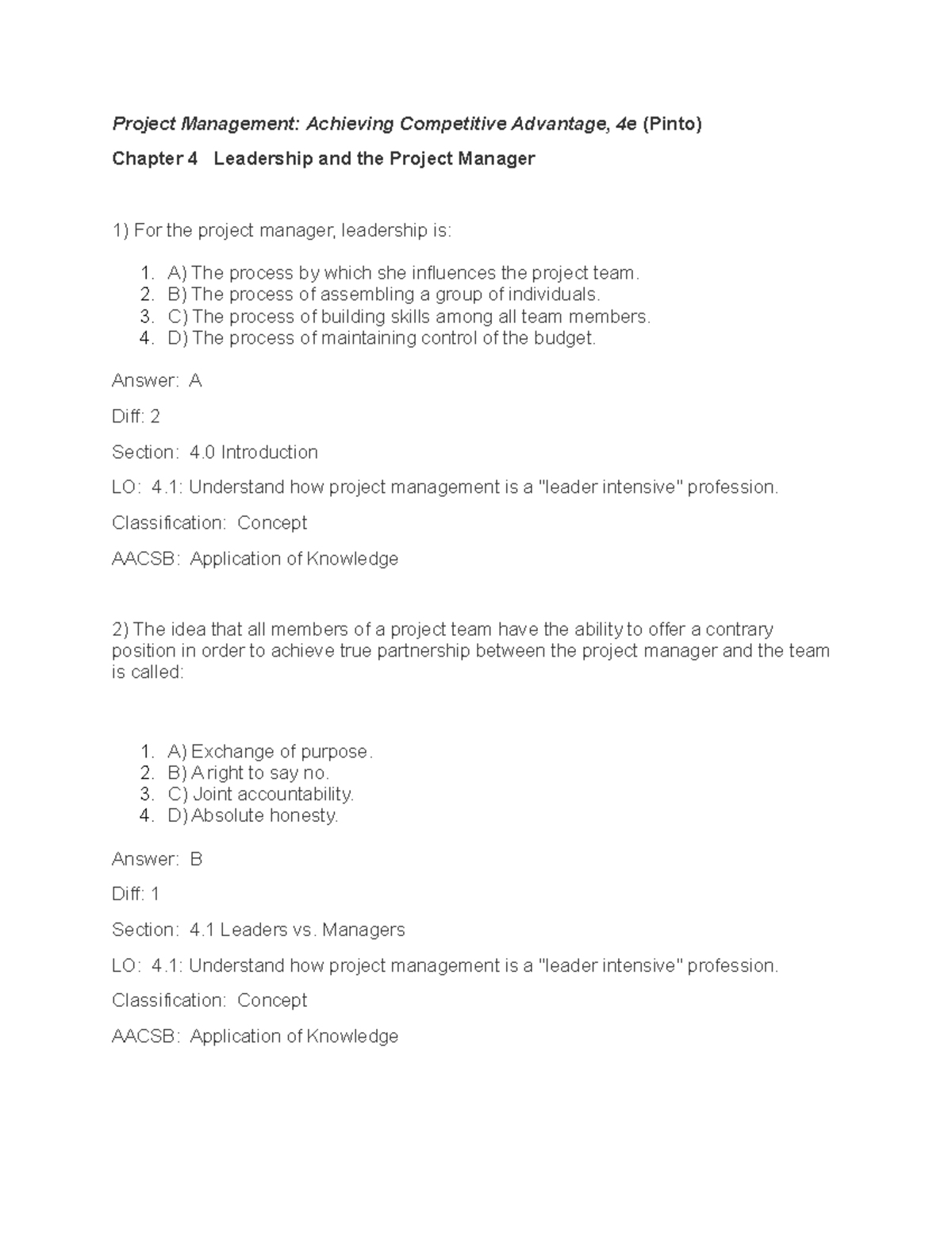 Ch 04 Test Bank - Leadership and the Project Manager in PM - Studocu