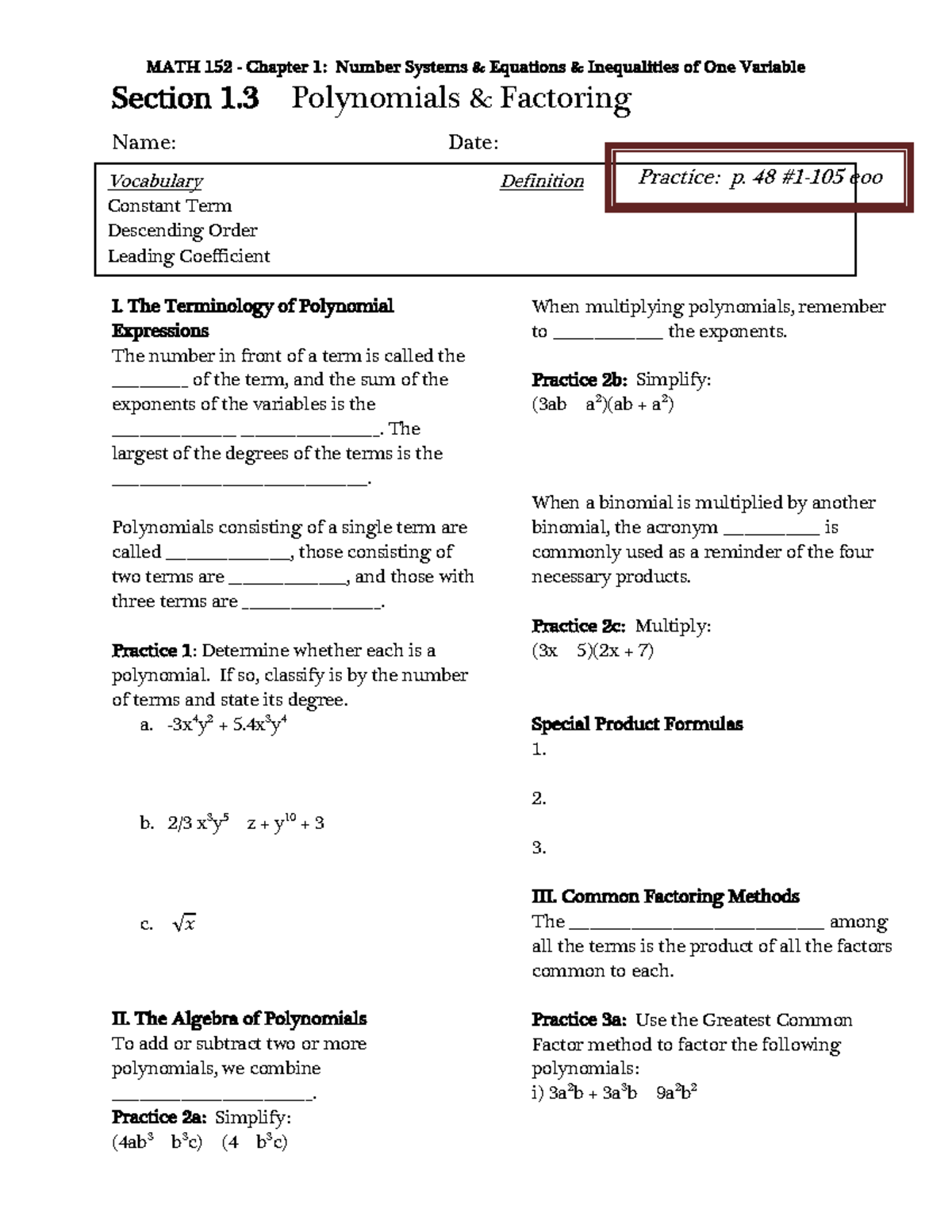 MATH 152 - Chapter 1: Number Systems, Polynomials & Factoring Notes ...