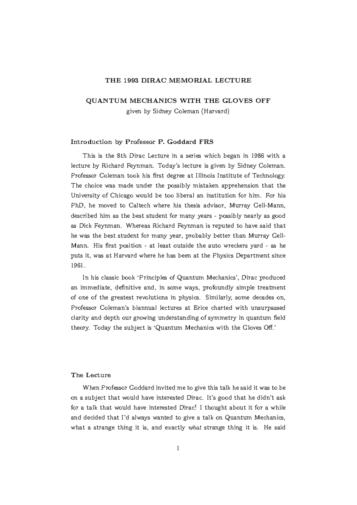 Sidney Coleman - 1993 Dirac Memorial Lecture on Quantum Mechanics - Studocu
