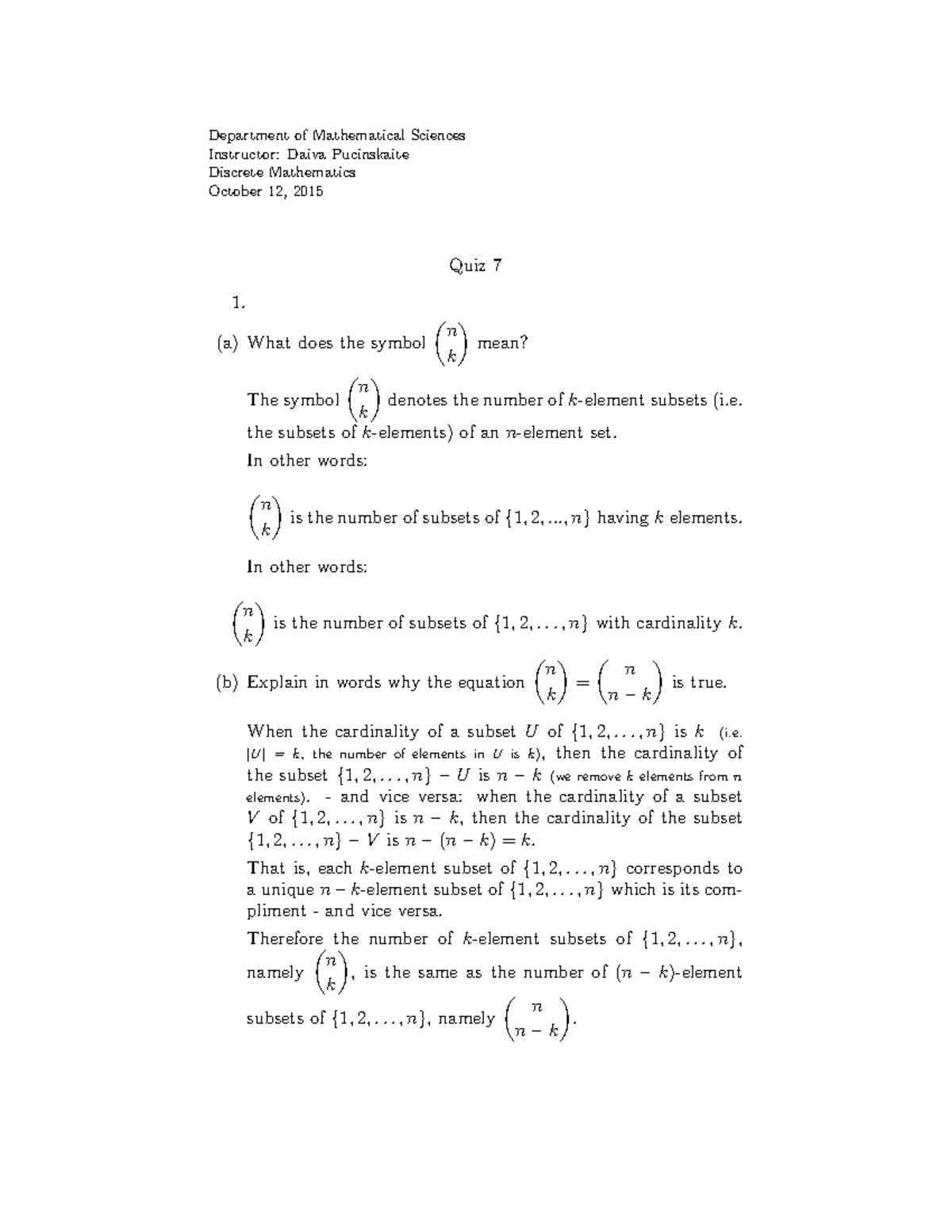 Solution 7 Quiz Discrete Mathematics Fall 2015 7 - Department of ...