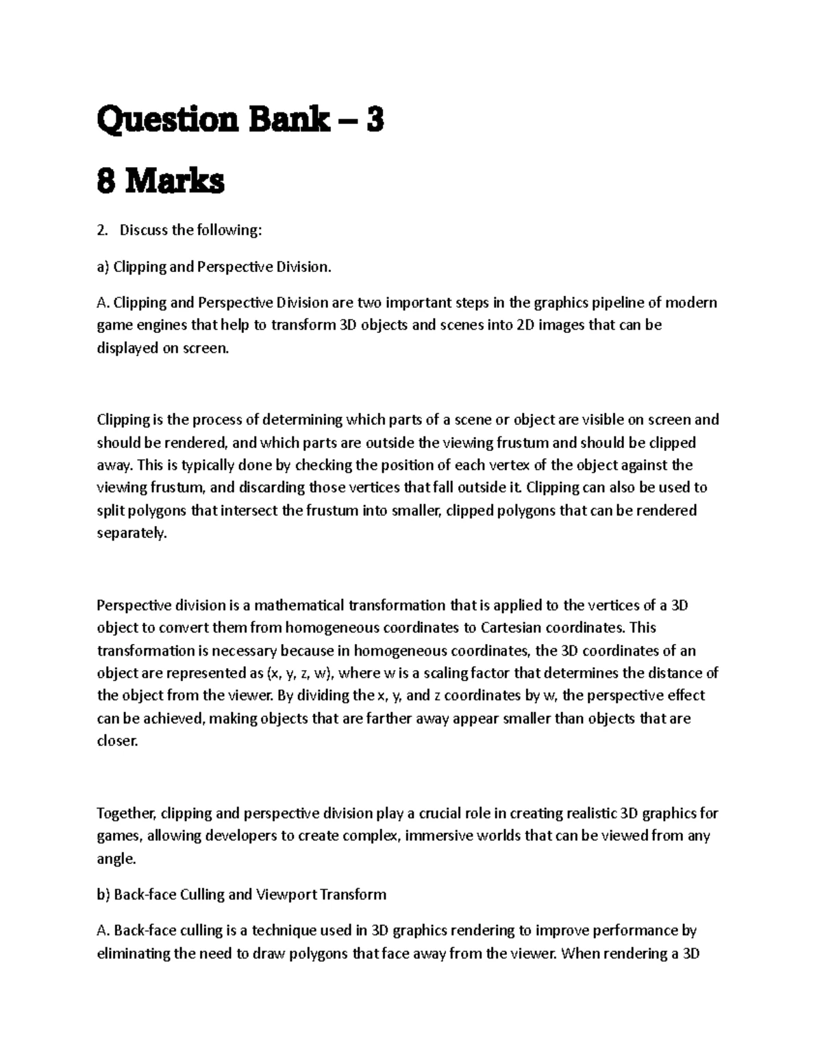 Game Programming Question Bank - 2 - Question Bank – 2 8 Marks 2 how a ...