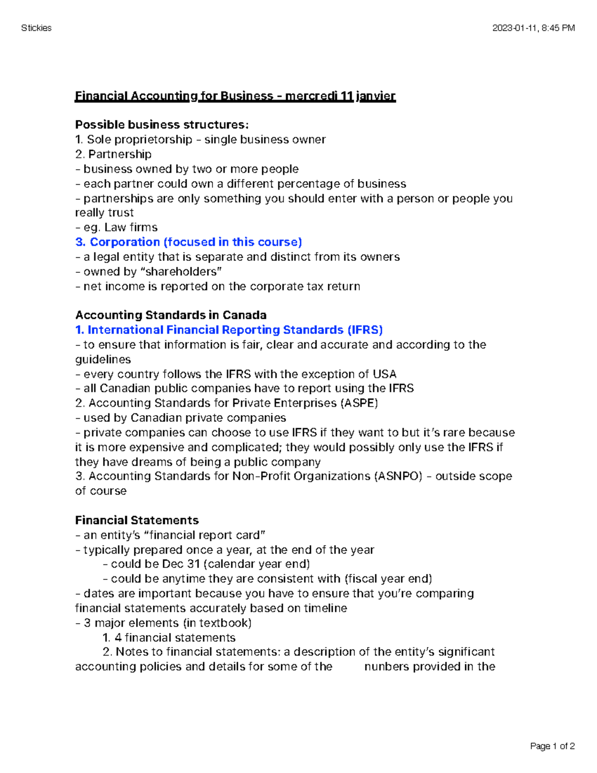 Chapter 1 - In-Class Notes on Financial Accounting (ACCT 101) - Studocu