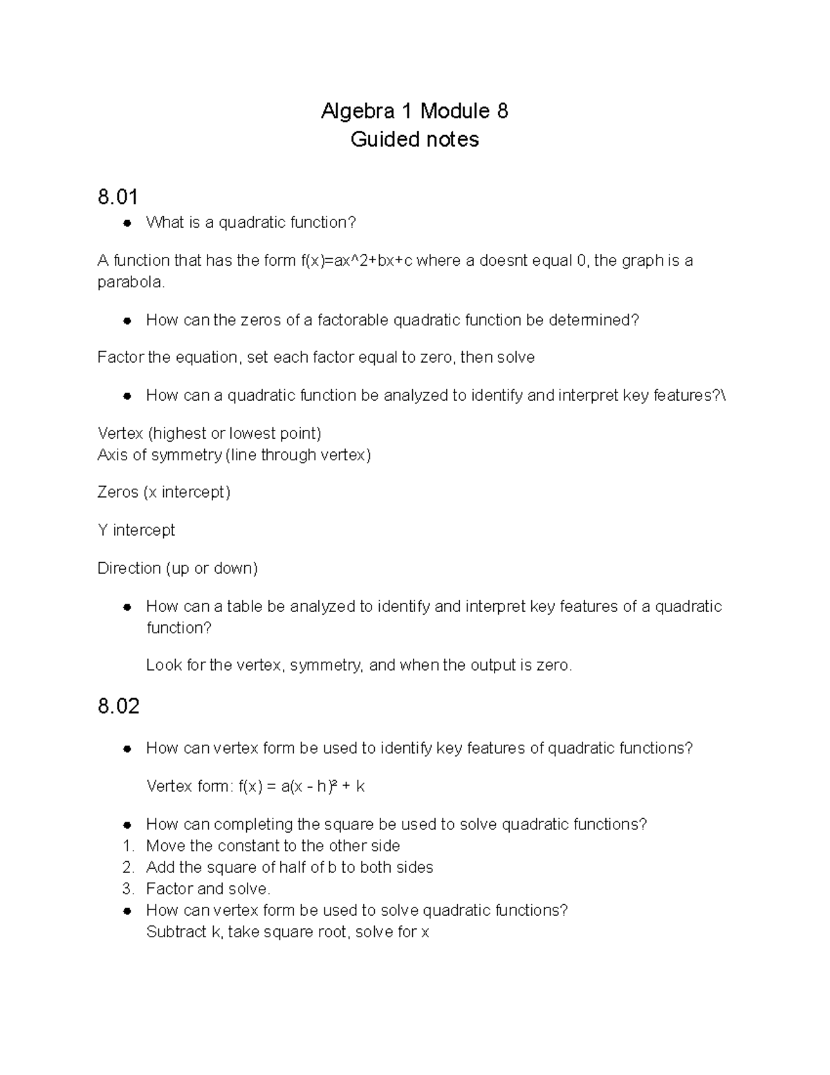 Algebra 1 Module 8 Guided Notes: Understanding Quadratic Functions ...