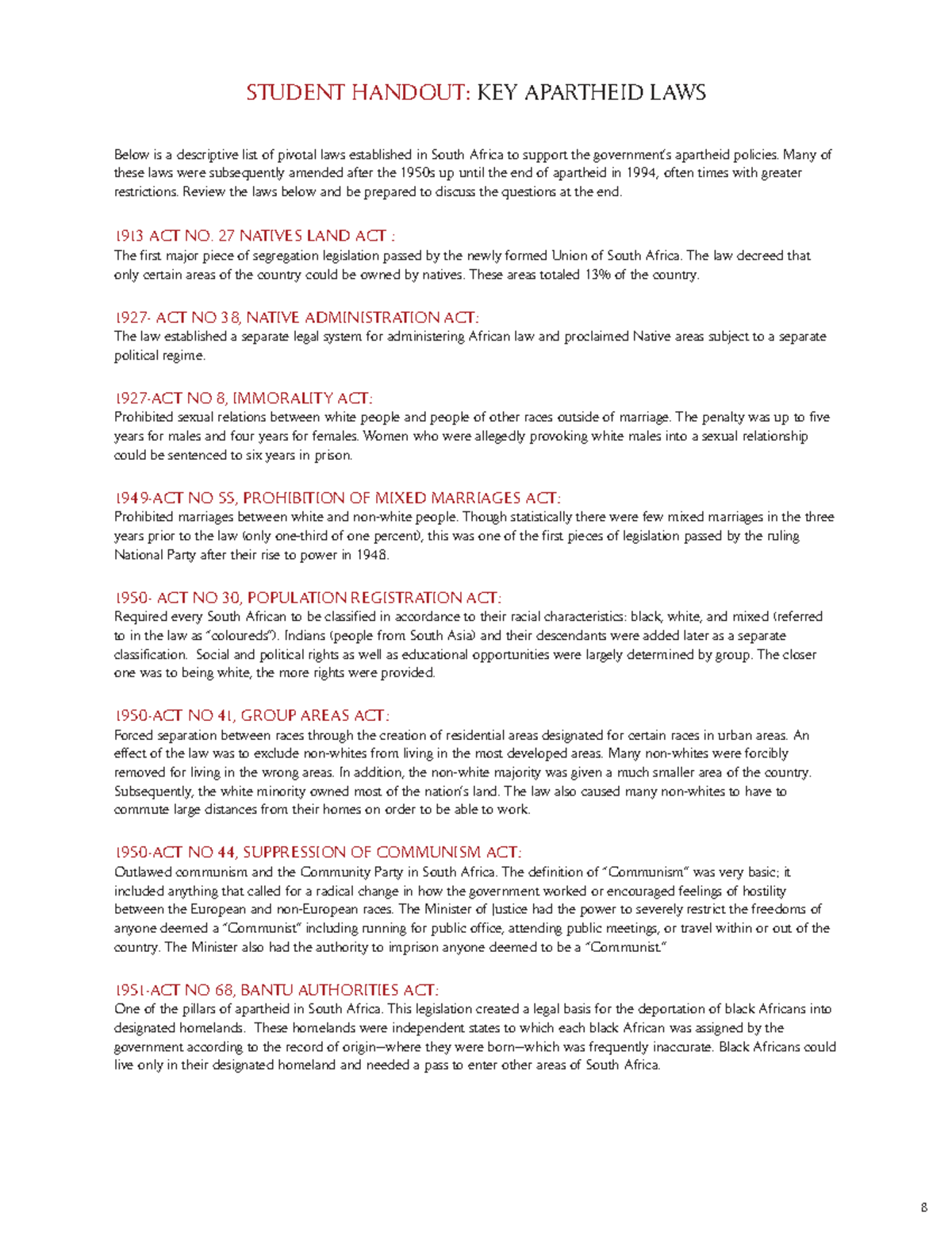 Apartheid laws overview and discussion questions - Studocu