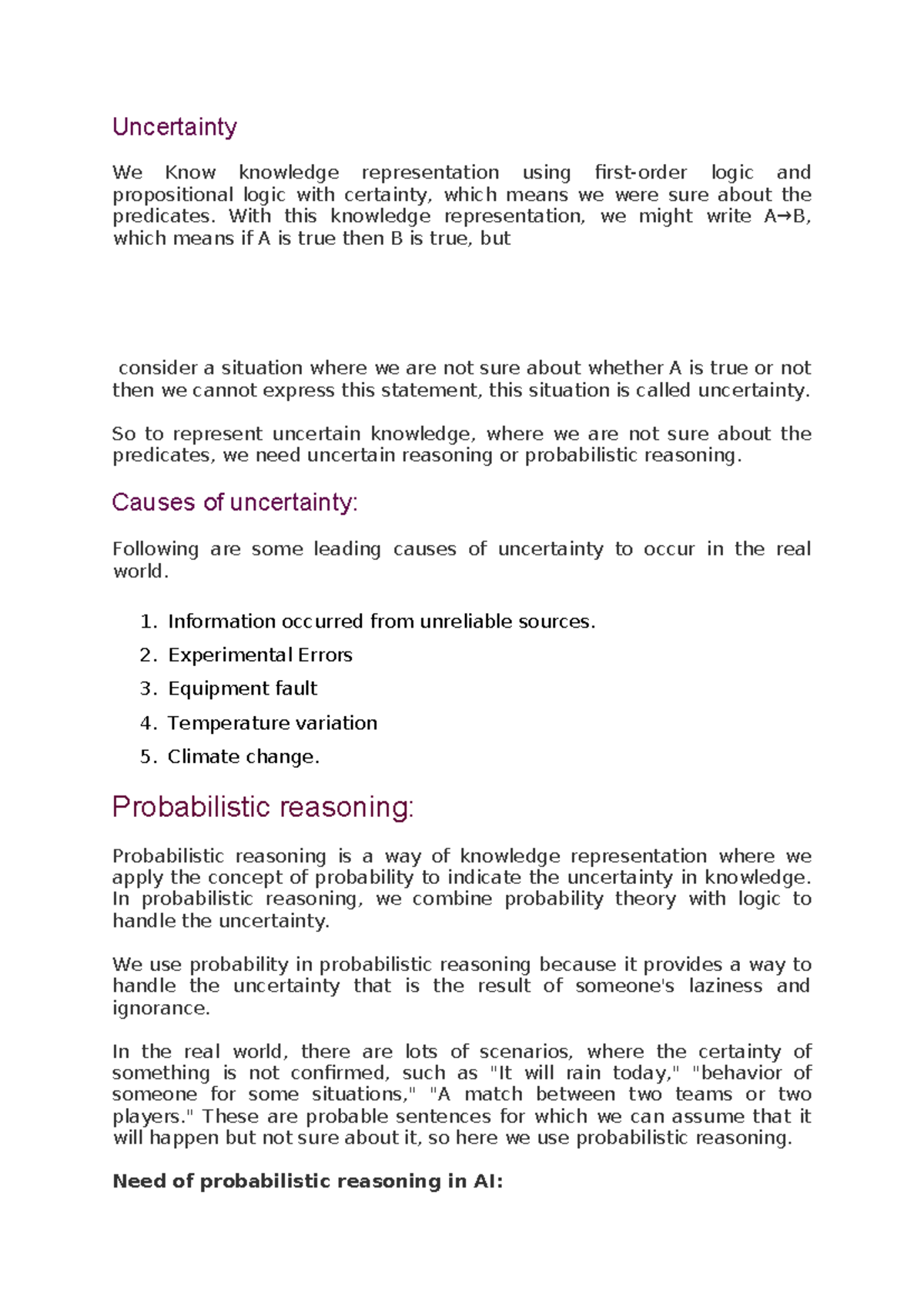Reasoning under uncertainty: Knowledge representation and probabilistic ...