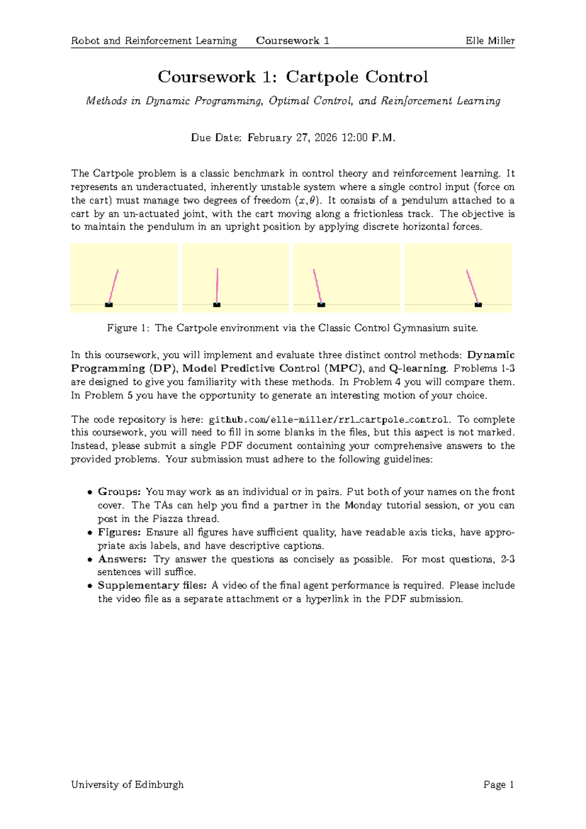 RRL CW1: Cartpole Control Methods in DP, MPC, and RL - Studocu