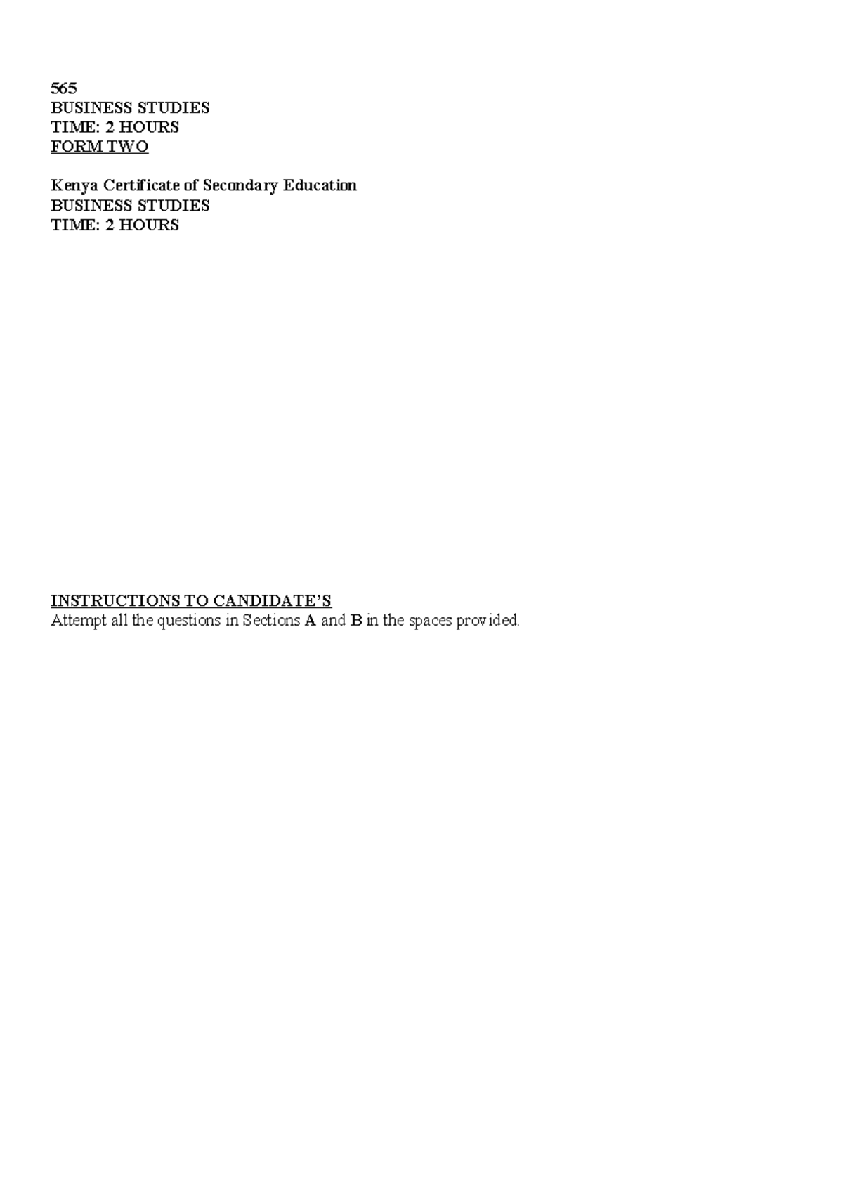 Business Studies FORM 2 End Term Exam Set 2 - Studocu